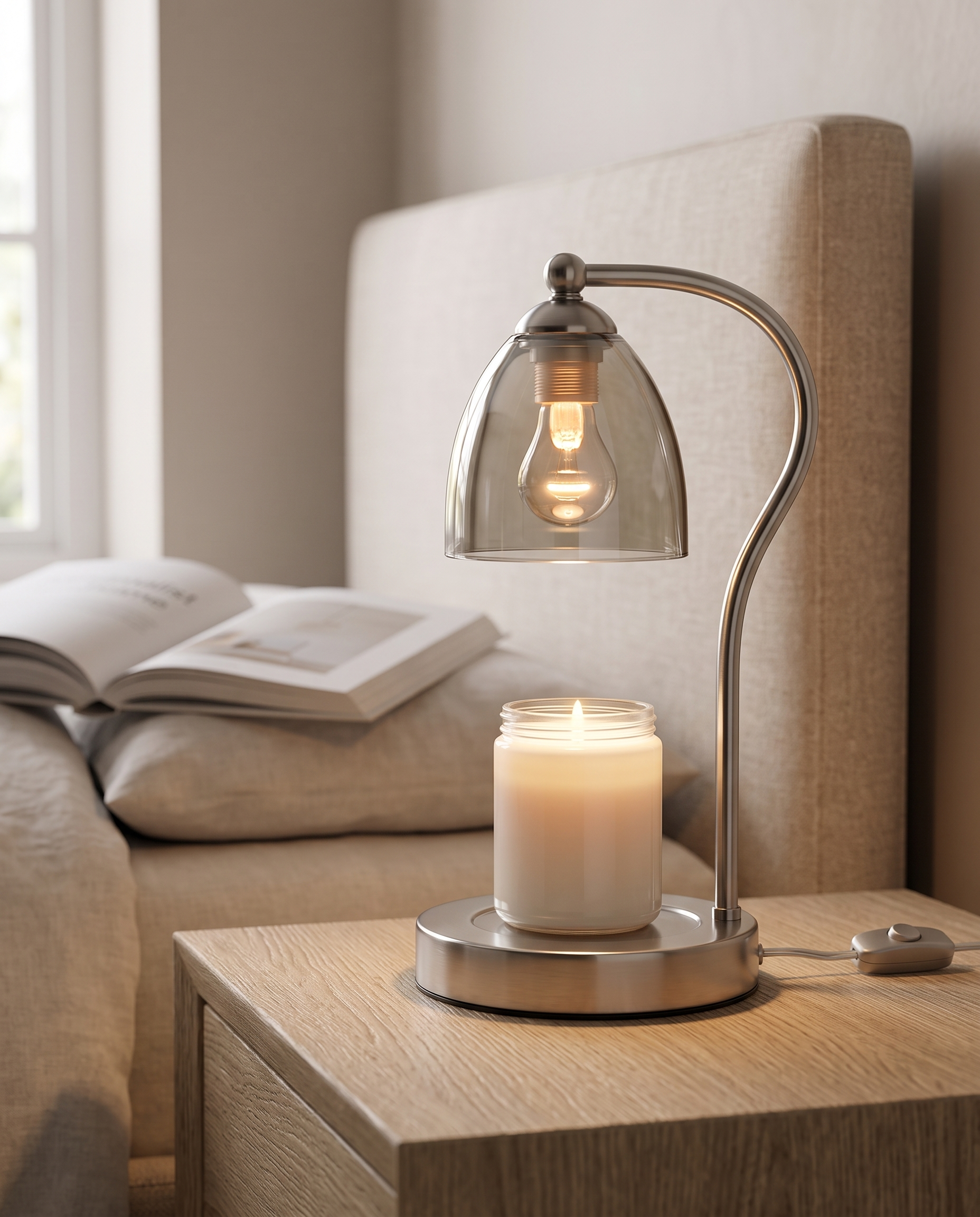 Wood and Glass Candle Warmer Lamp, Timer — three-quarter alt angle, serene bedroom corner, curved glass shade and slender steel arm
