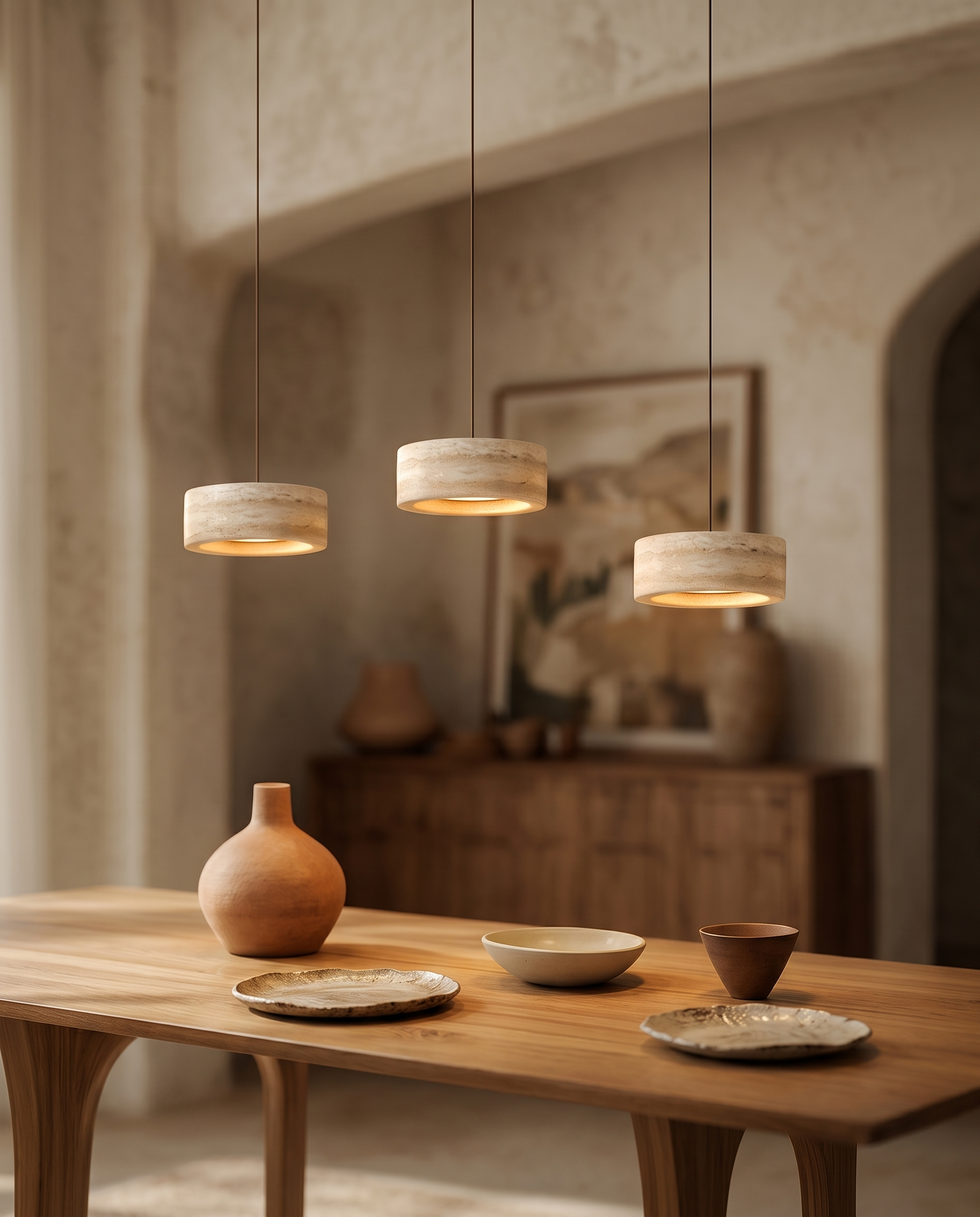 Travertine Stone LED Pendant Light, Dimmable — over a dining table in a Mediterranean villa interior with a warm downward glow