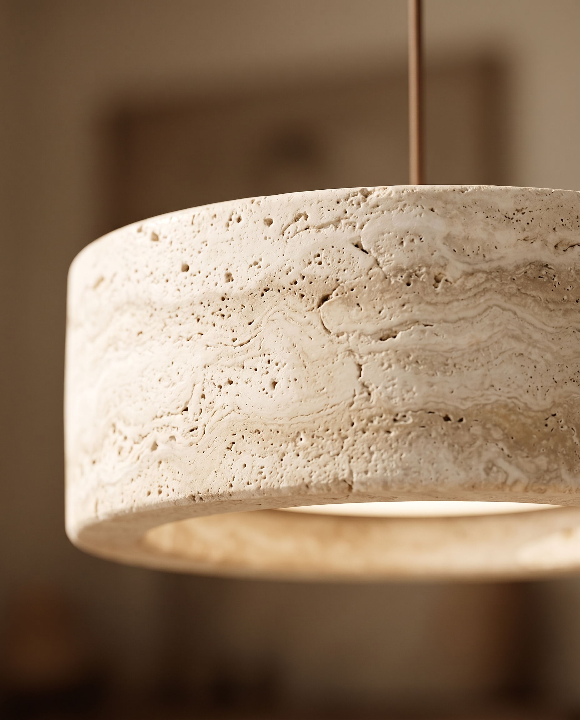 Travertine Stone LED Pendant Light, Dimmable — macro detail of the natural cream travertine grain in warm side light