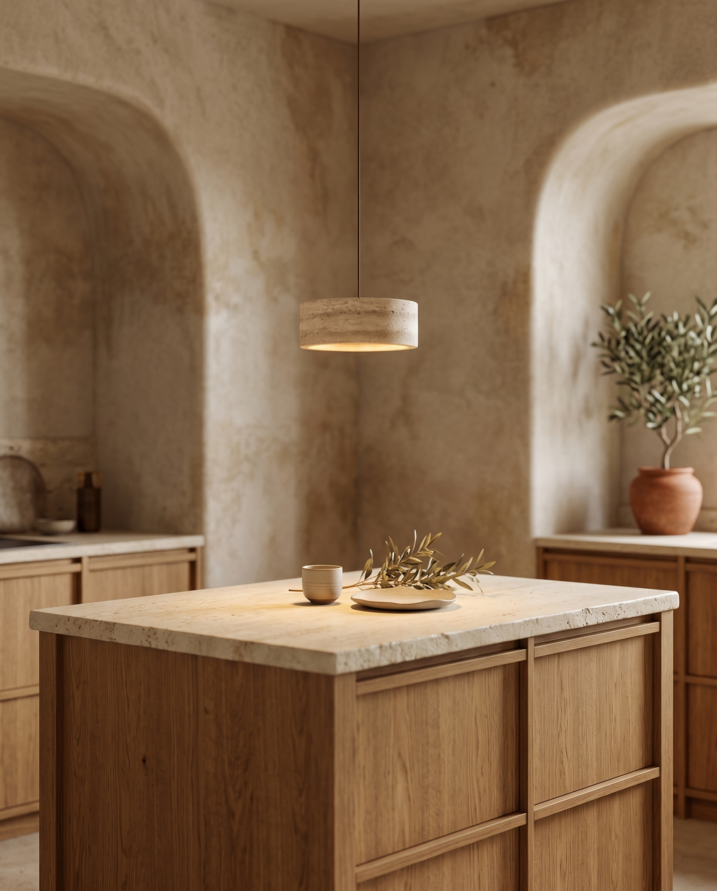 Travertine Stone LED Pendant Light, Dimmable — over a kitchen island in a Mediterranean Japandi kitchen with light oak cabinetry
