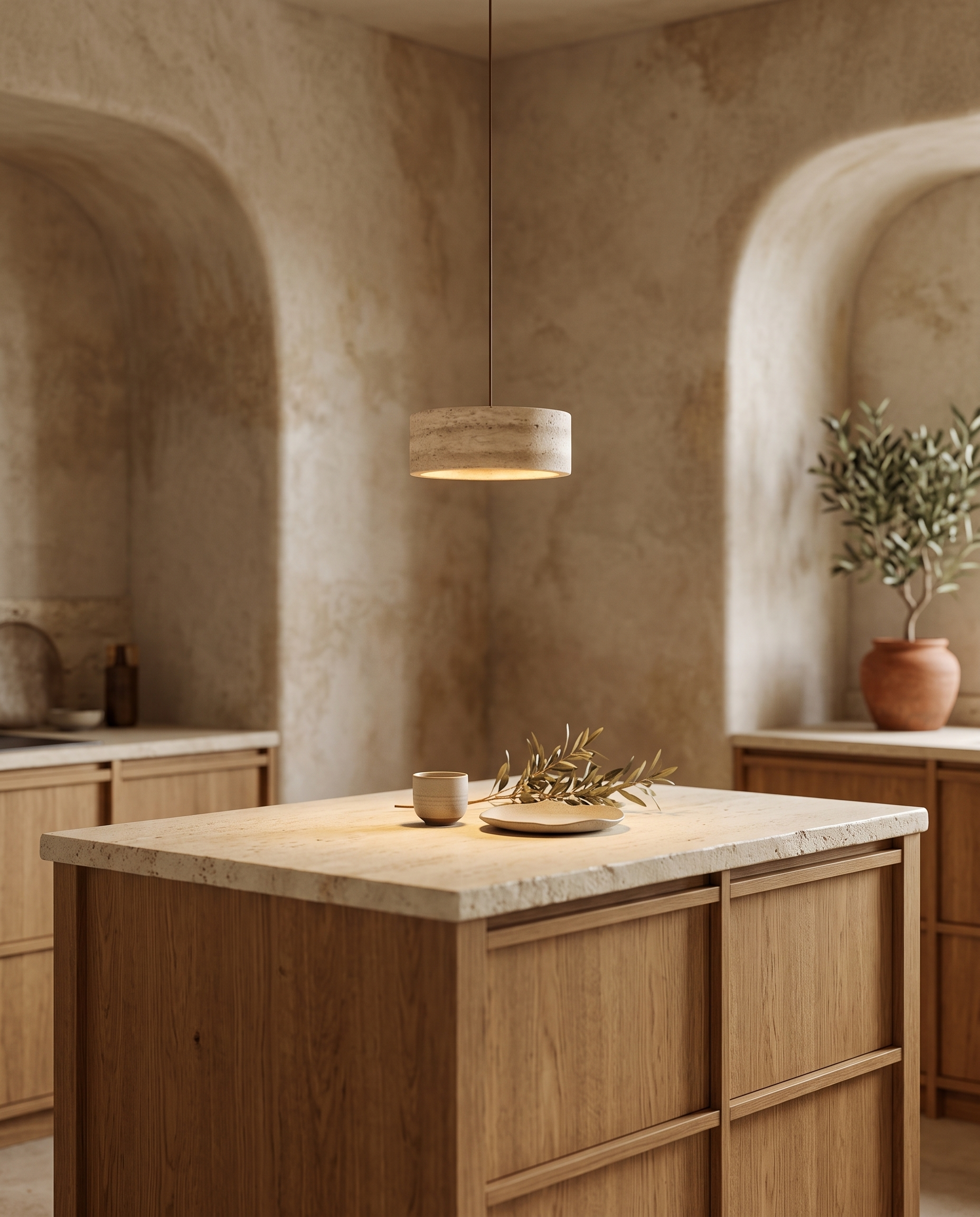 Travertine Stone LED Pendant Light, Dimmable — over a kitchen island in a Mediterranean Japandi kitchen with light oak cabinetry