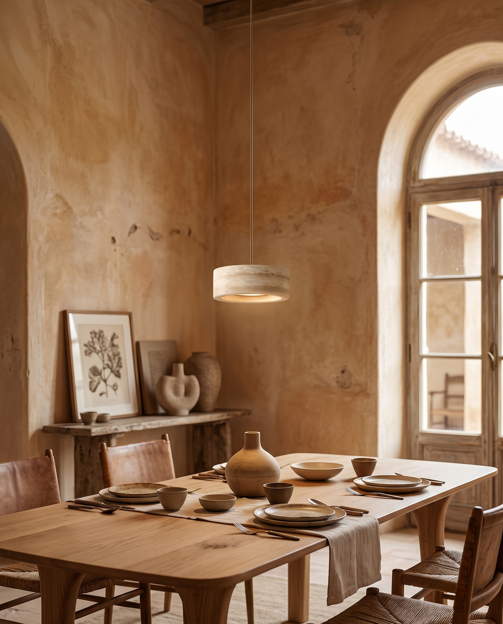 Travertine Stone LED Pendant Light, Dimmable — wide placement view for scale above a dining table in a warm Mediterranean room
