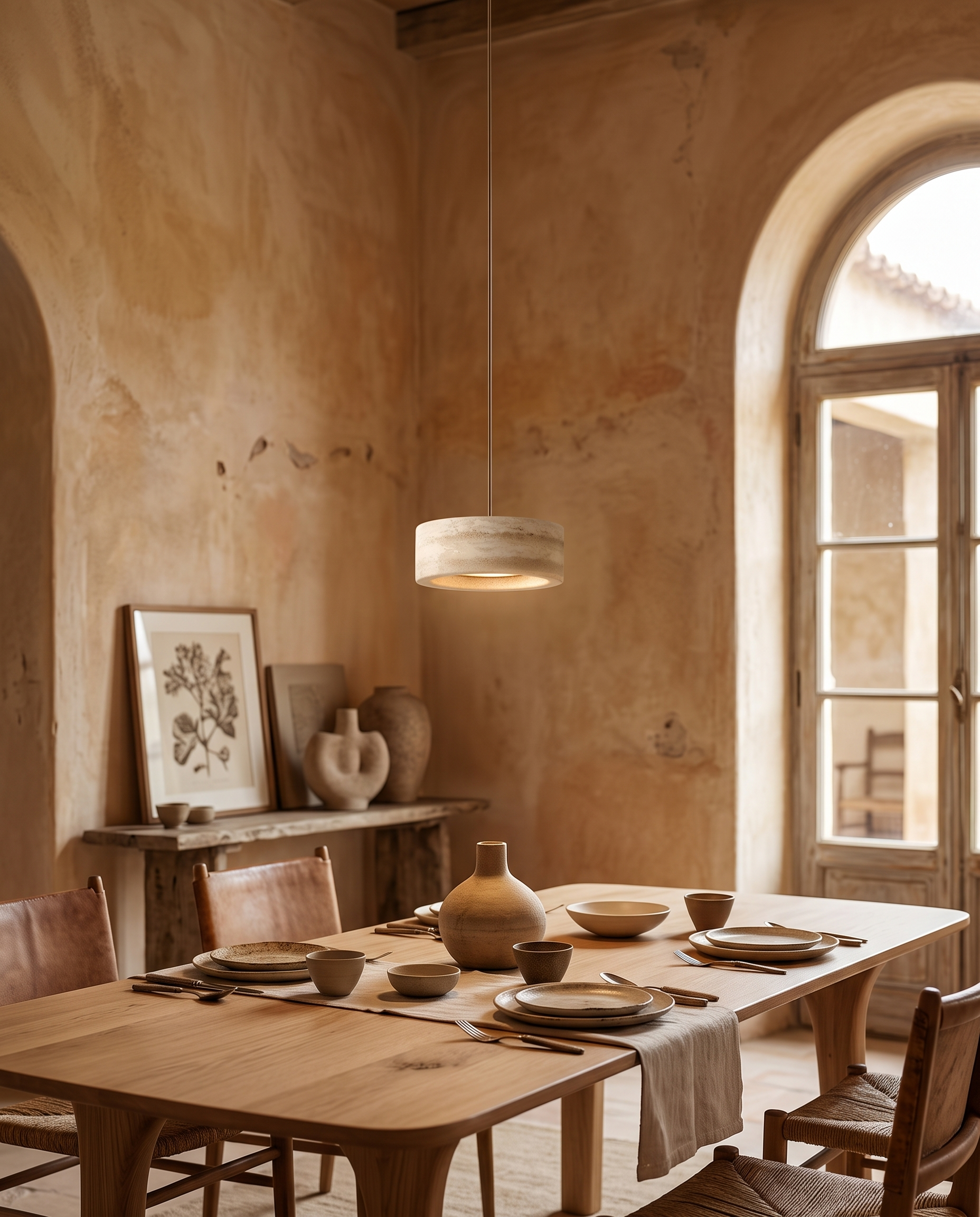 Travertine Stone LED Pendant Light, Dimmable — wide placement view for scale above a dining table in a warm Mediterranean room
