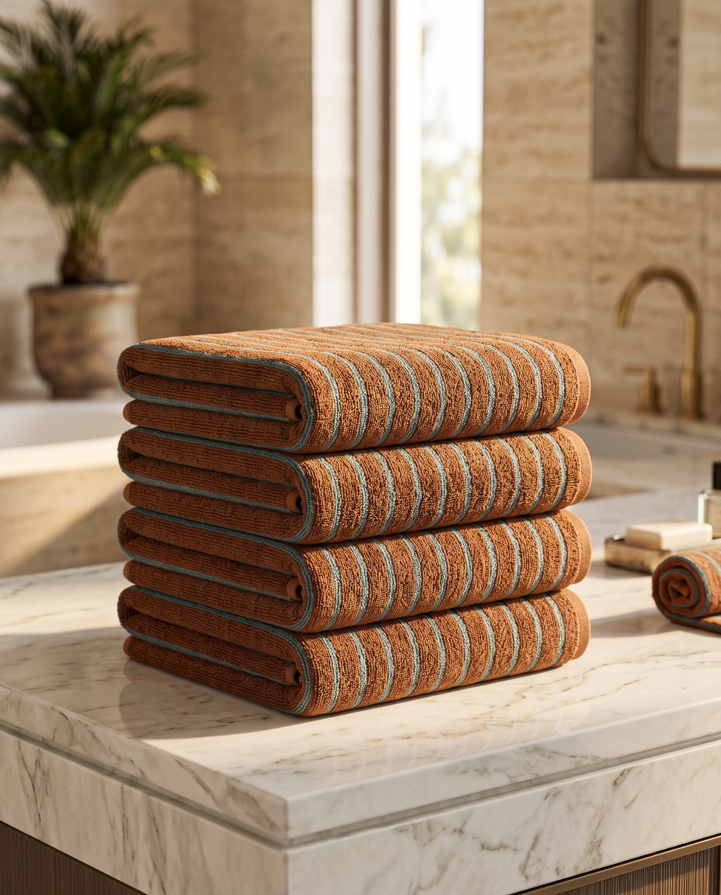 Rust and Turquoise Stripe Cotton Towels, Combed — folded stack, luxury spa marble counter, rust and turquoise stripes