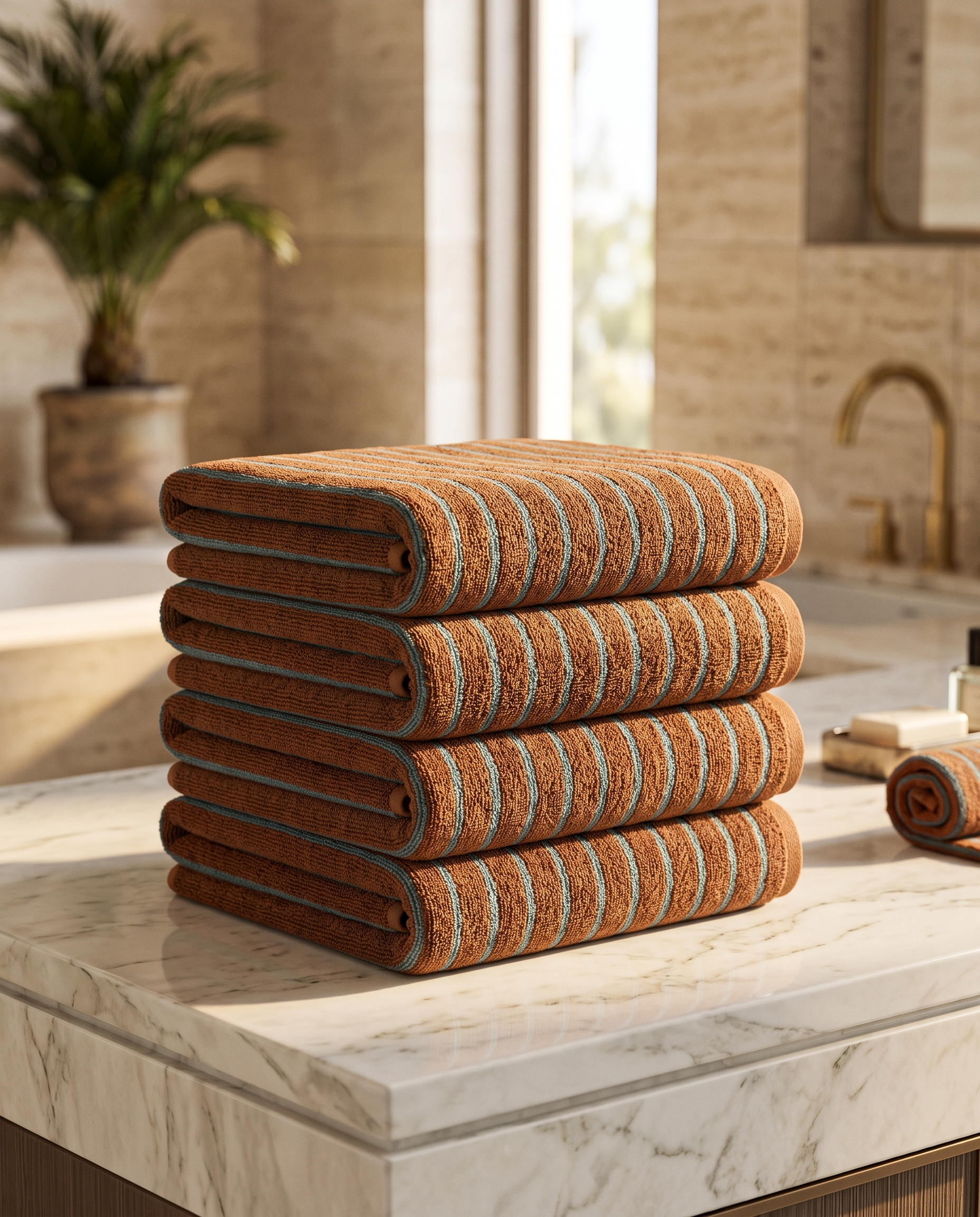 Rust and Turquoise Stripe Cotton Towels, Combed — folded stack, luxury spa marble counter, rust and turquoise stripes