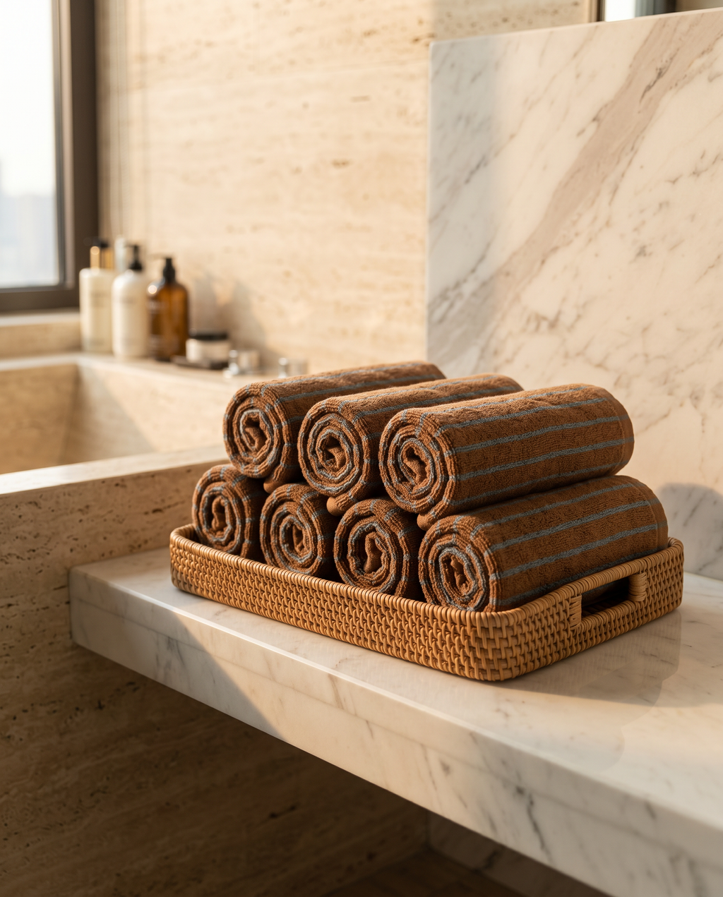 Rust and Turquoise Stripe Cotton Towels, Combed — rolled spa display in woven basket, hotel bathroom, neat stripe spirals
