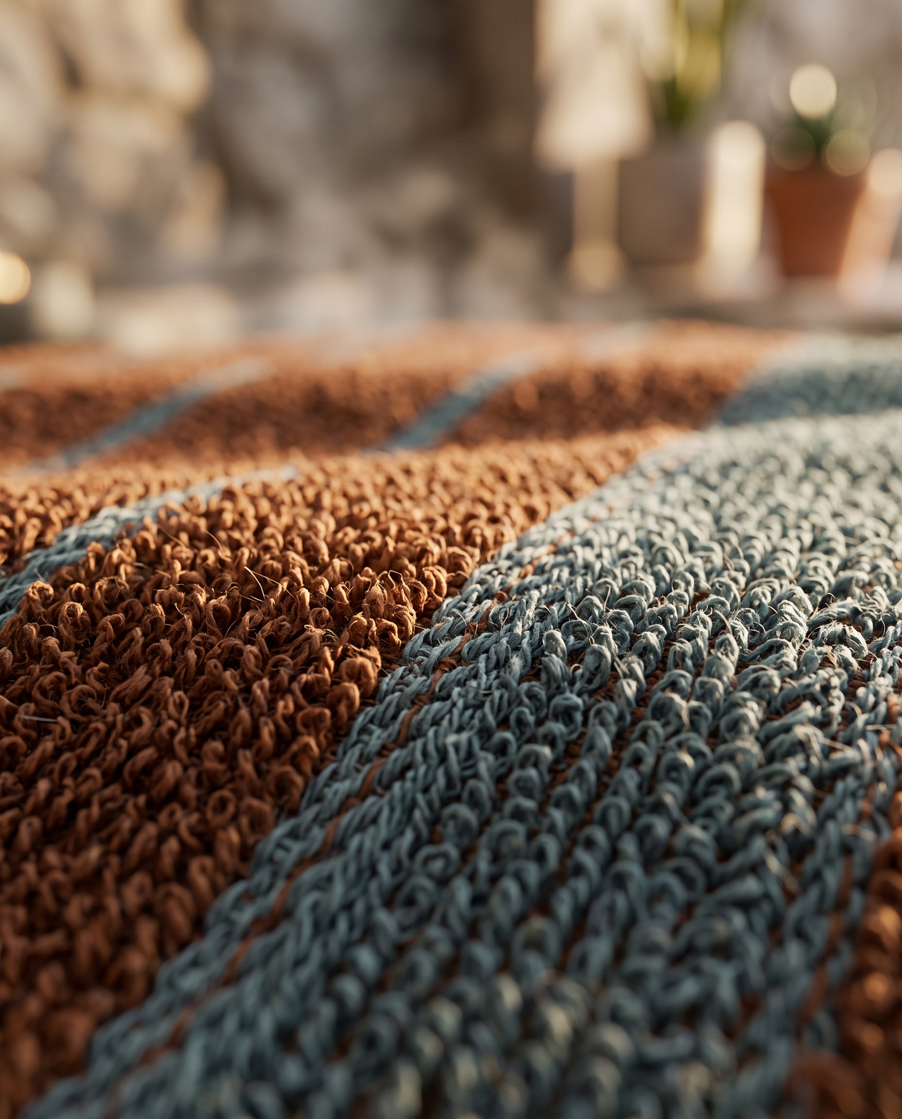 Rust and Turquoise Stripe Cotton Towels, Combed — macro weave detail, warm side light, plush cotton terry and crisp stripes