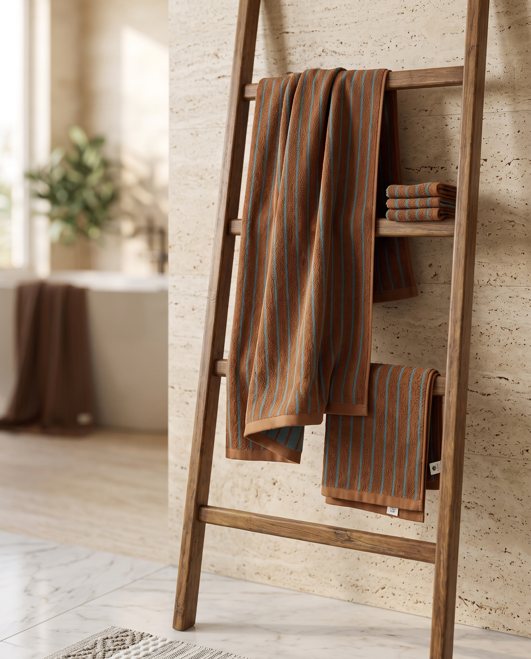 Rust and Turquoise Stripe Cotton Towels, Combed — hung over wooden ladder, travertine spa wall, natural soft folds