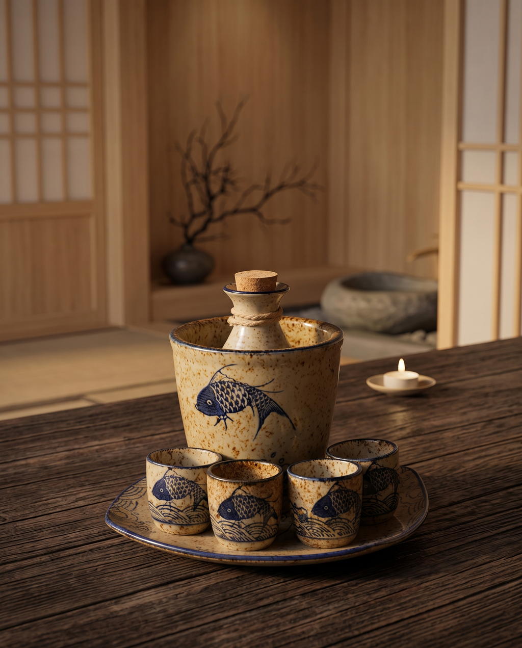 Ceramic Sake Pot and Cup Set, Hot or Cold — spirit pot and cups arranged on dark wood, zen Japanese interior, warm evening light hero