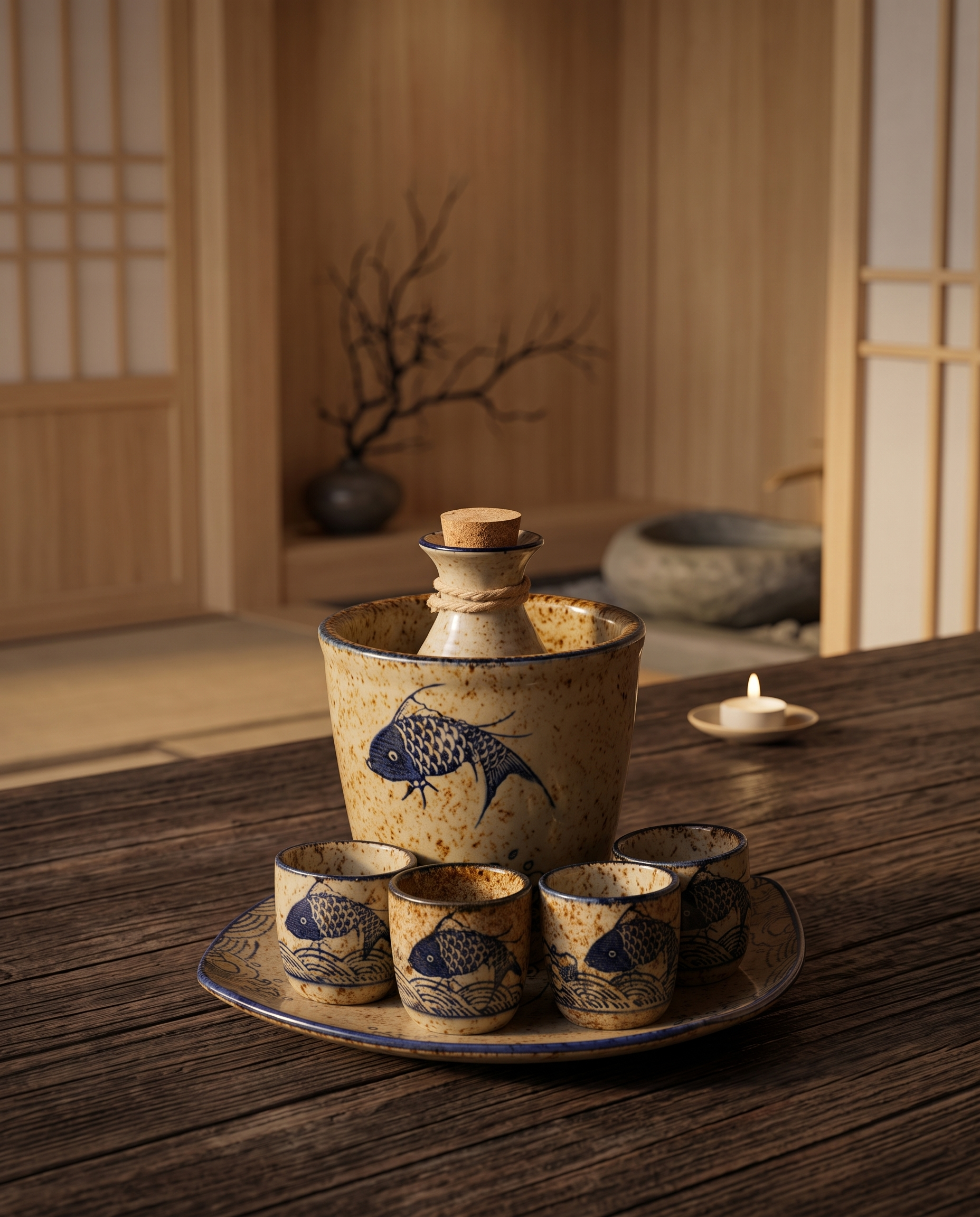 Ceramic Sake Pot and Cup Set, Hot or Cold — spirit pot and cups arranged on dark wood, zen Japanese interior, warm evening light hero