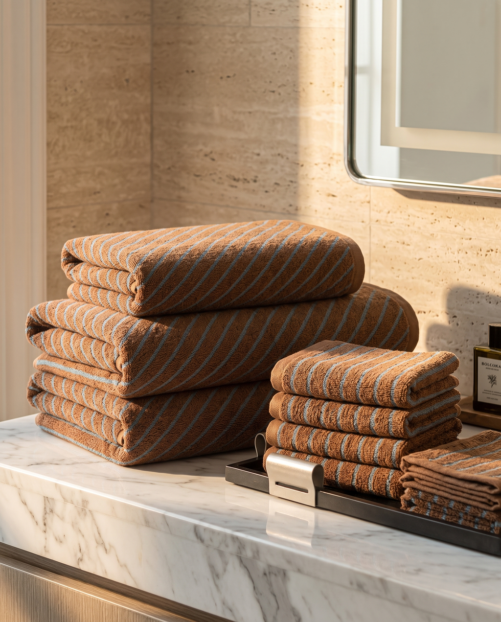 Rust and Turquoise Stripe Cotton Towels, Combed — full set with bath and hand towels, marble counter, size range