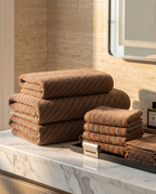 Rust and Turquoise Stripe Cotton Towels, Combed — full set with bath and hand towels, marble counter, size range