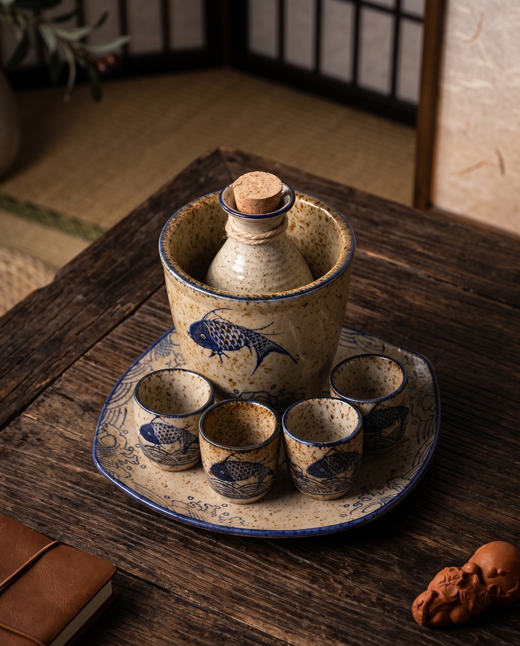 Ceramic Sake Pot and Cup Set, Hot or Cold — overhead top-down flat-lay, dark wood table, neutral evening tones