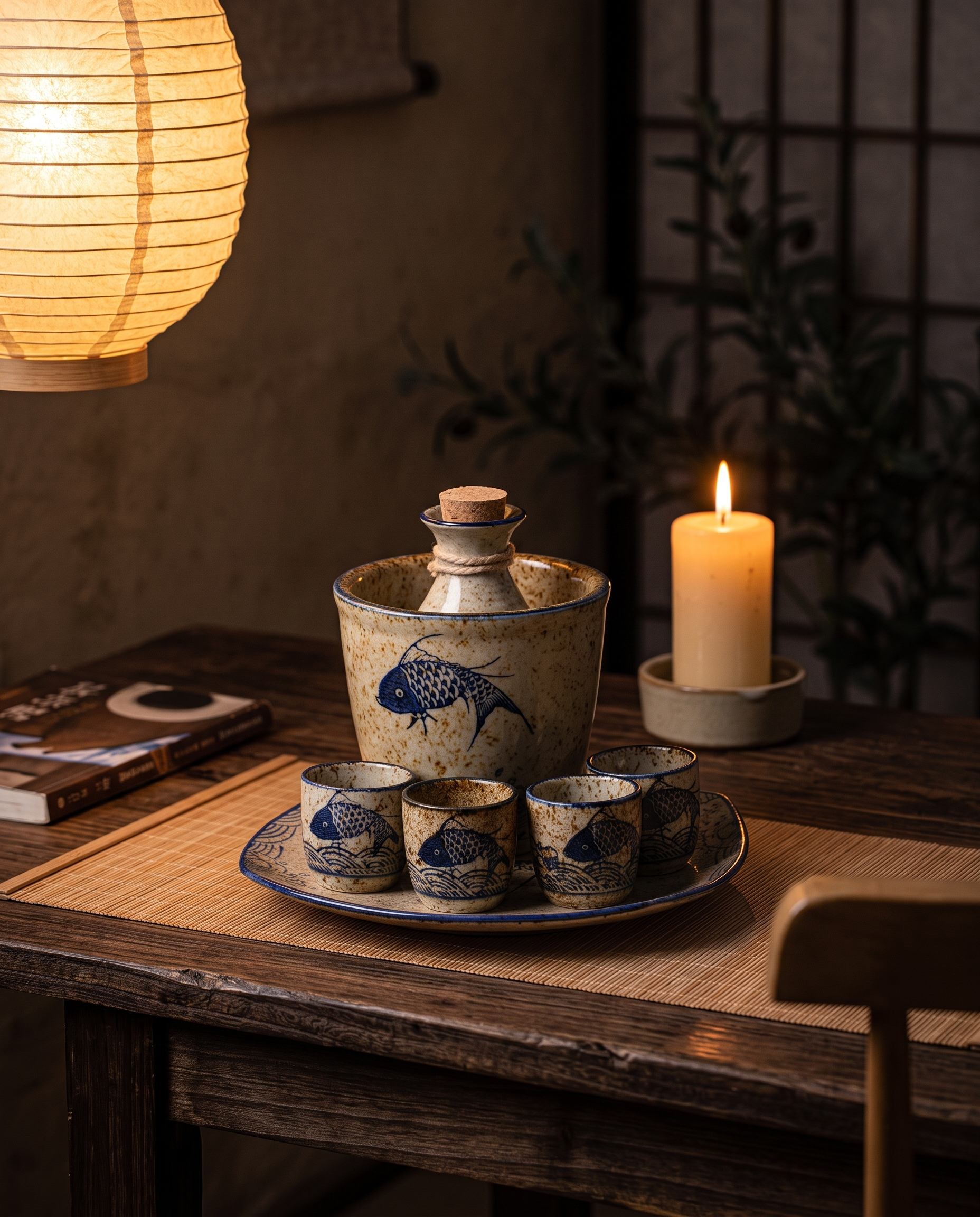 Ceramic Sake Pot and Cup Set, Hot or Cold — styled for an evening pour, paper lantern and candle, zen interior