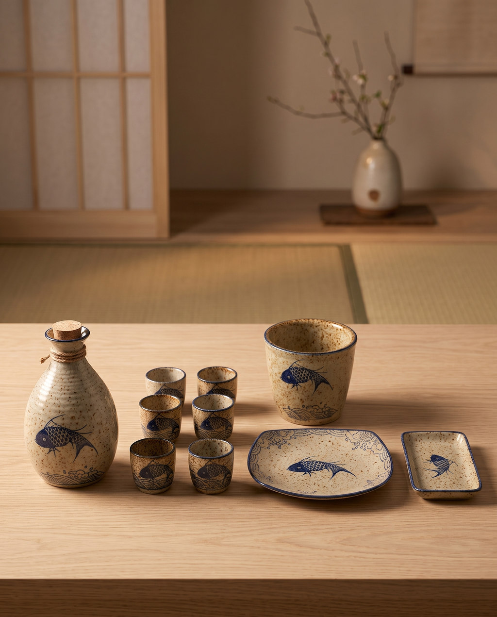 Ceramic Sake Pot and Cup Set, Hot or Cold — full set of pot and cups laid out on pale oak to show scale