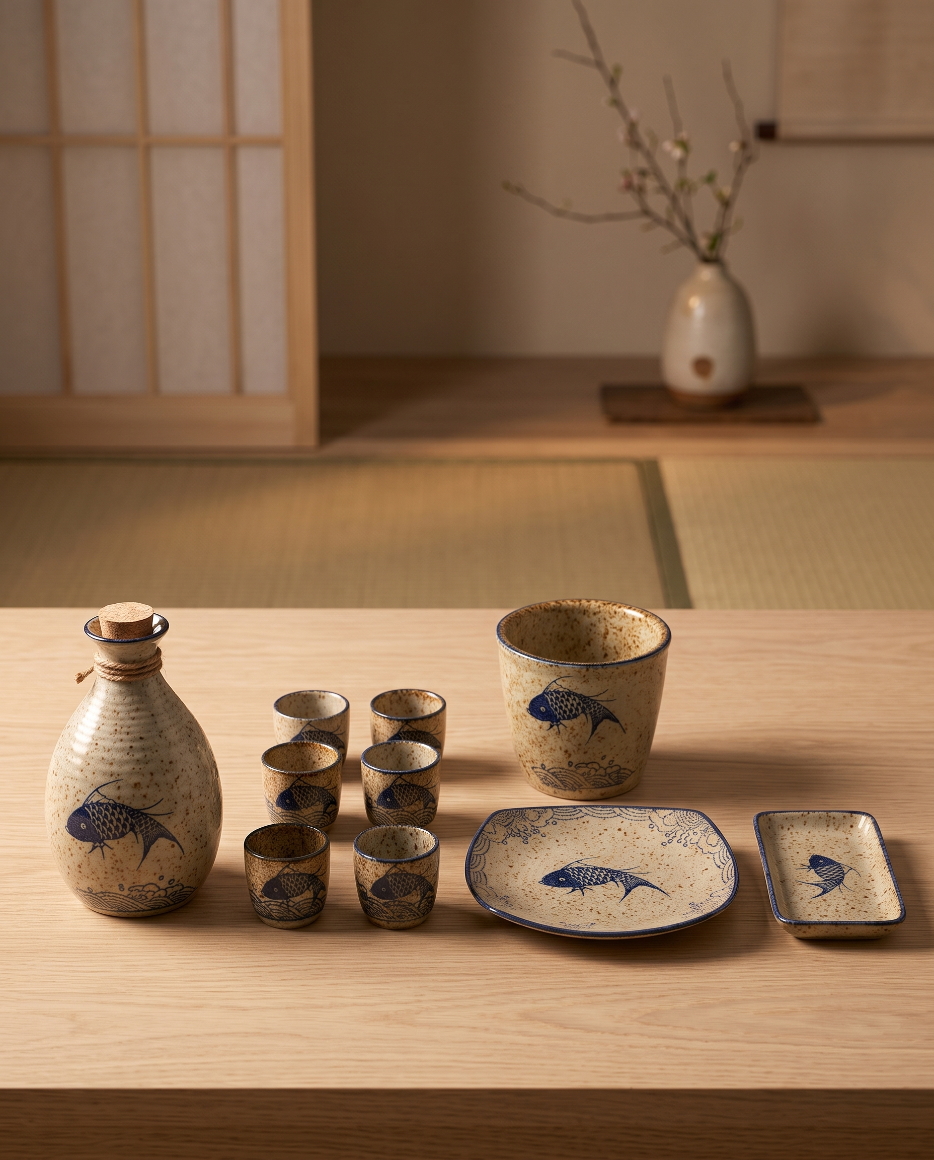 Ceramic Sake Pot and Cup Set, Hot or Cold — full set of pot and cups laid out on pale oak to show scale