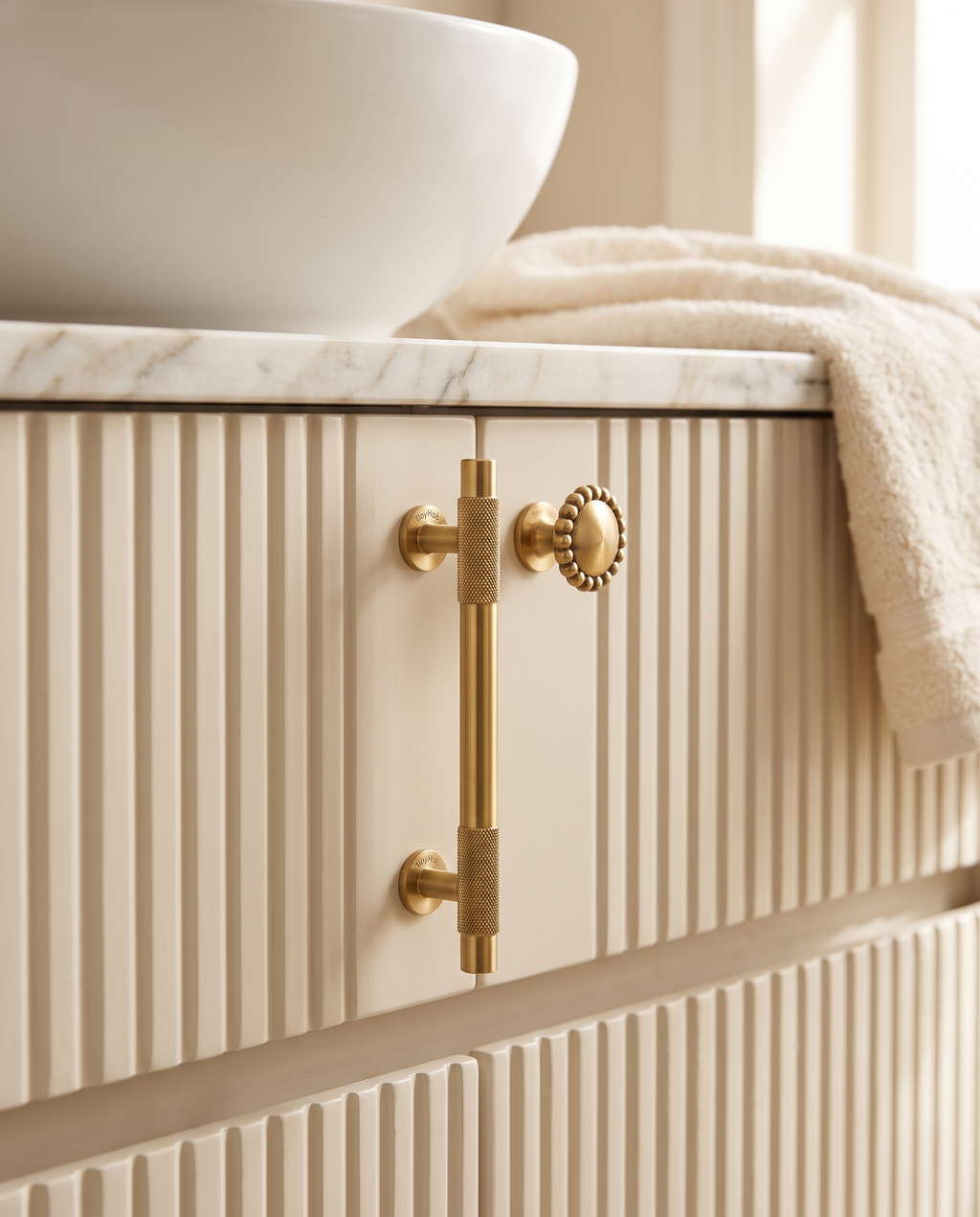 Brass Round Knobs and T-Bar Pulls, Solid Brass — knobs and pulls, elegant bathroom vanity, warm spa-like luxury setting