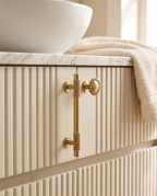 Brass Round Knobs and T-Bar Pulls, Solid Brass — knobs and pulls, elegant bathroom vanity, warm spa-like luxury setting