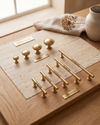 Brass Round Knobs and T-Bar Pulls, Solid Brass — full range of round knobs and T-bar pulls, elegant warm-toned surface, set and scale