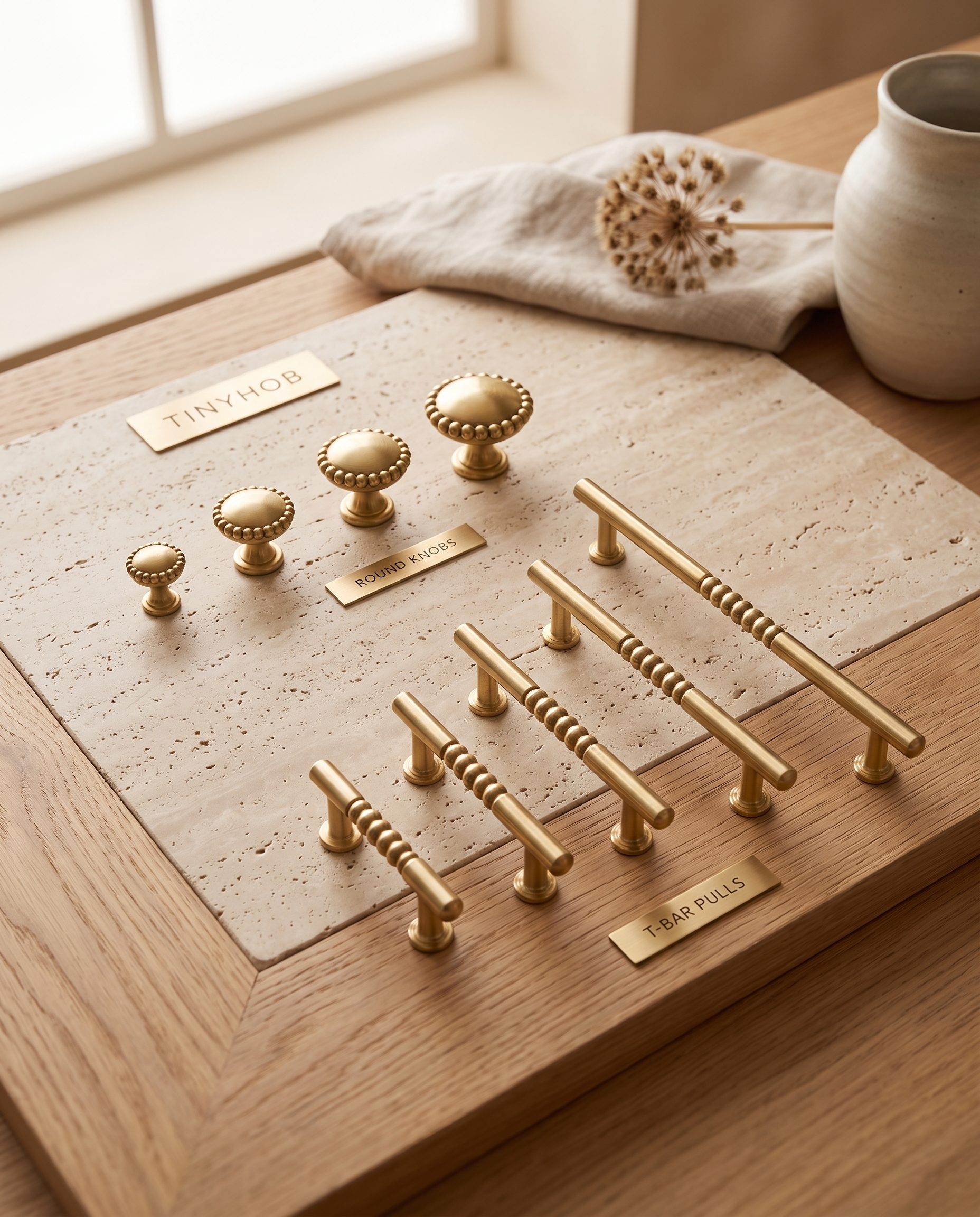 Brass Round Knobs and T-Bar Pulls, Solid Brass — full range of round knobs and T-bar pulls, elegant warm-toned surface, set and scale