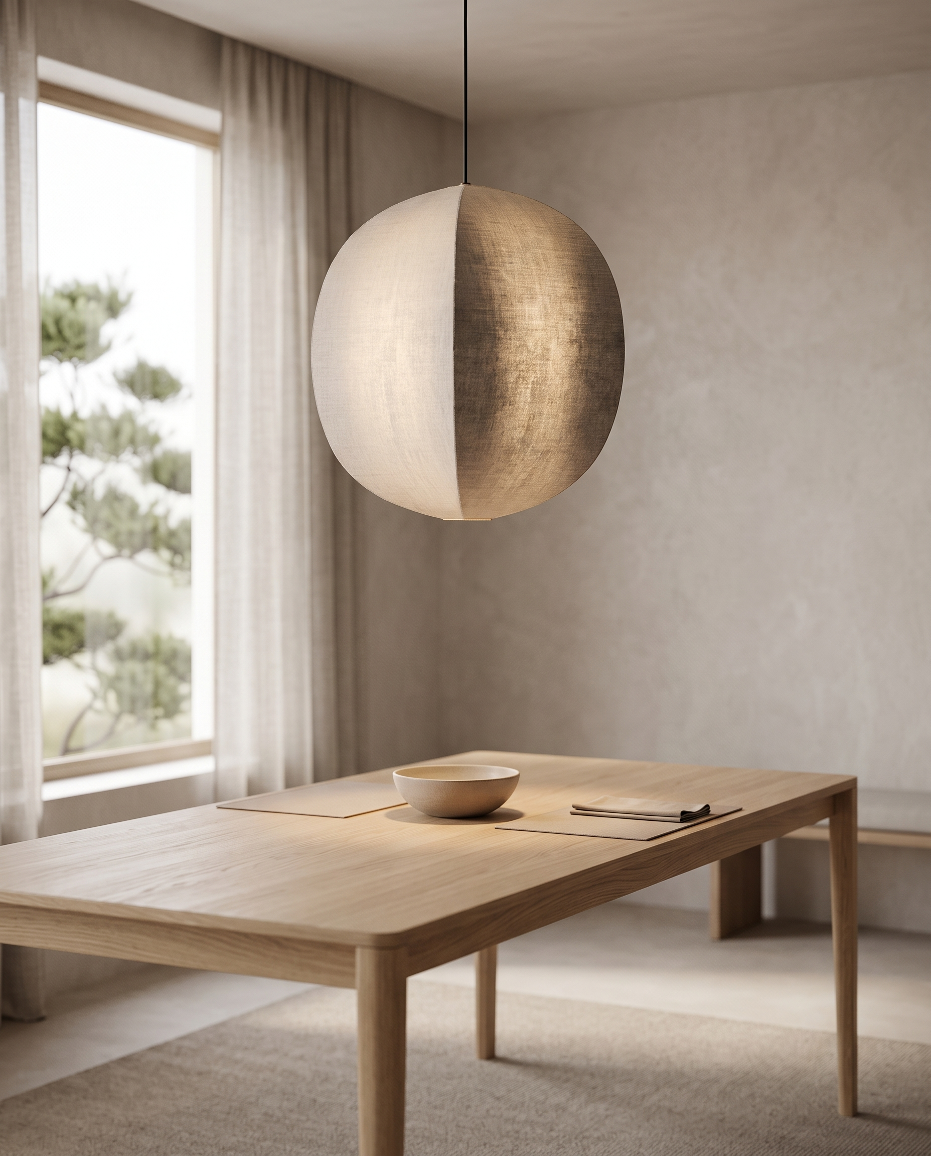 Linen Lantern Pendant Light, Fabric Shade — hero over a dining table, Japandi interior with light oak, soft warm diffused glow