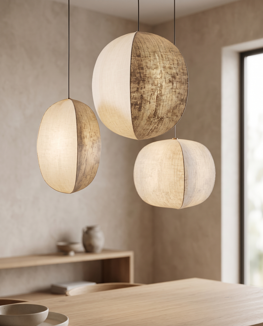Linen Lantern Pendant Light, Fabric Shade — alternate three-quarter angle, Japandi dining space, gentle glow through linen