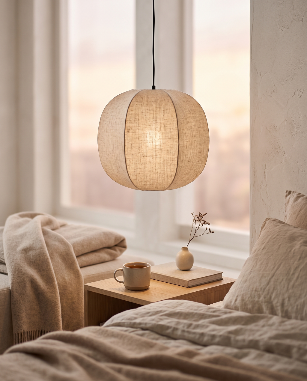 Linen Lantern Pendant Light, Fabric Shade — over a bedside corner, Scandinavian-Japandi interior, soft warm glow
