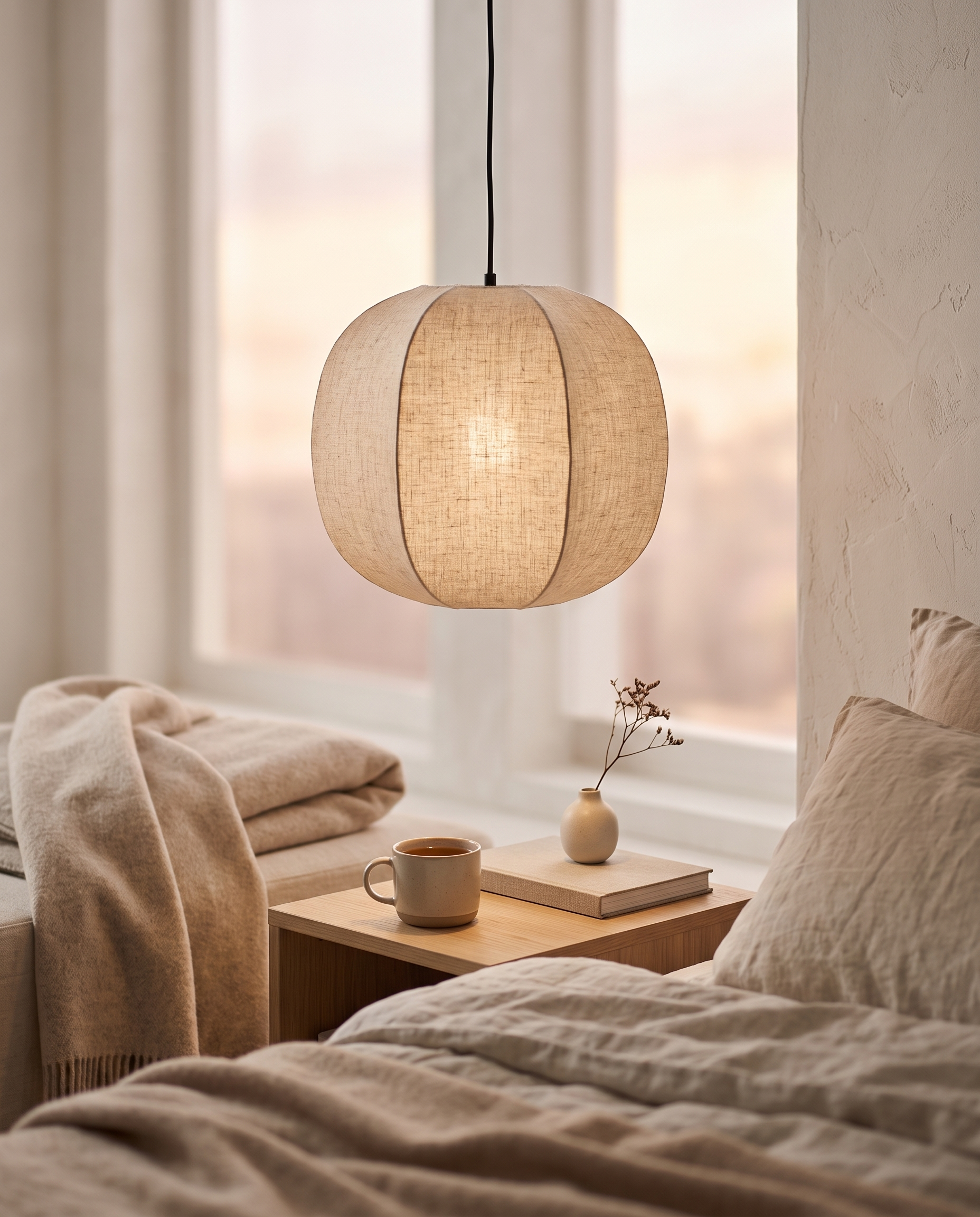 Linen Lantern Pendant Light, Fabric Shade — over a bedside corner, Scandinavian-Japandi interior, soft warm glow