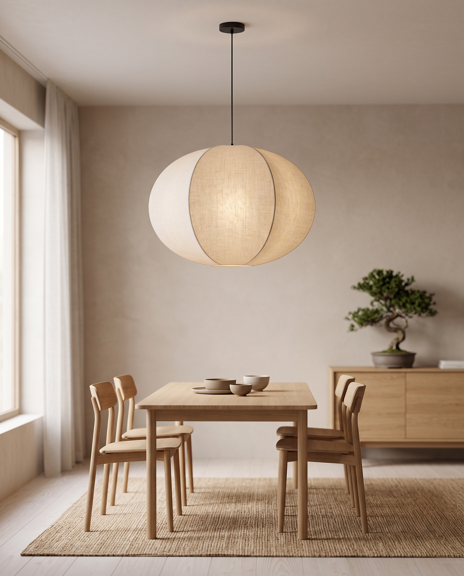 Linen Lantern Pendant Light, Fabric Shade — wider placement and scale view in a Japandi living-dining room