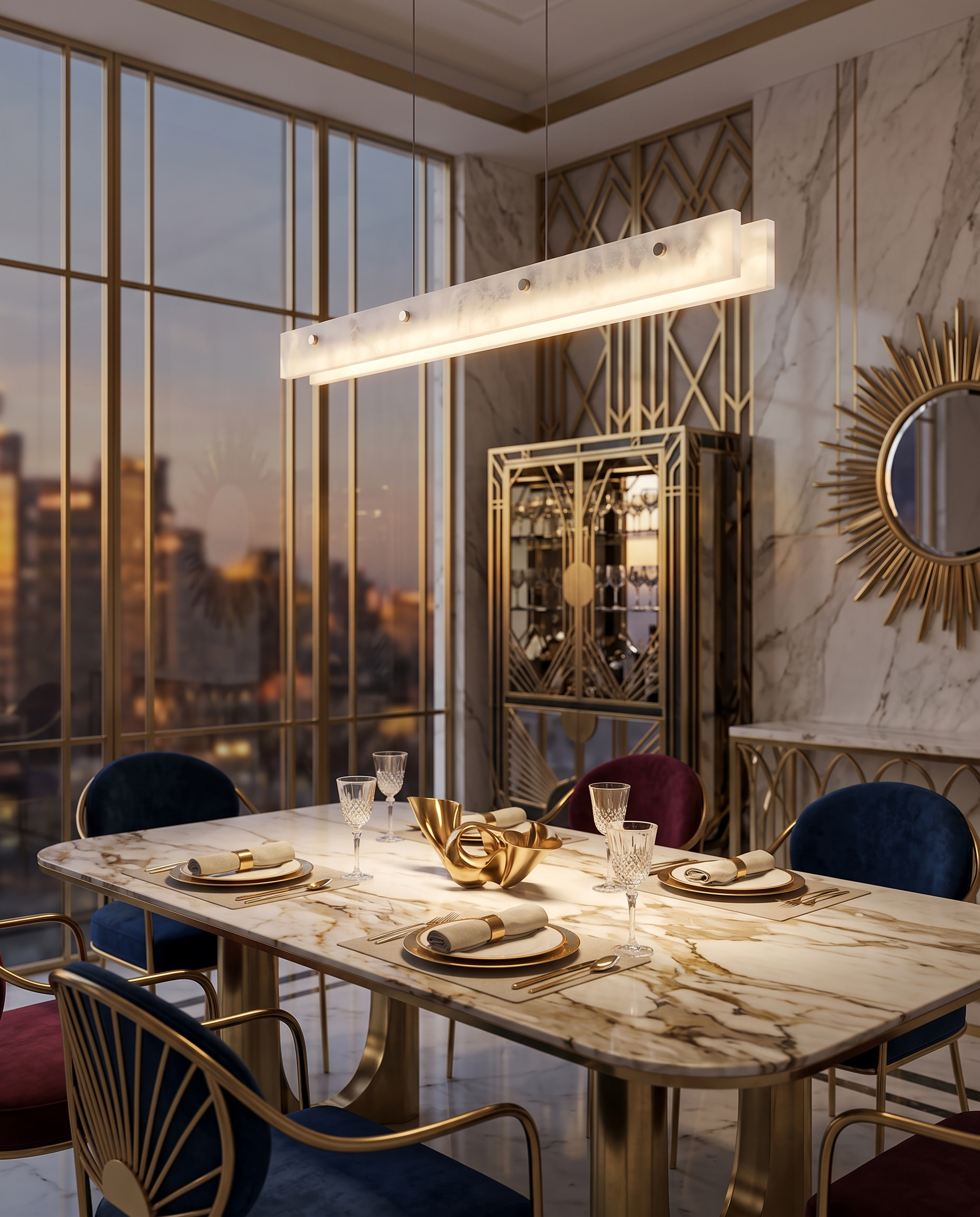 Marble Linear Pendant Light, Gold Wedge LED — hanging over a dining table, modern luxury Art Deco apartment, soft warm light pooling below