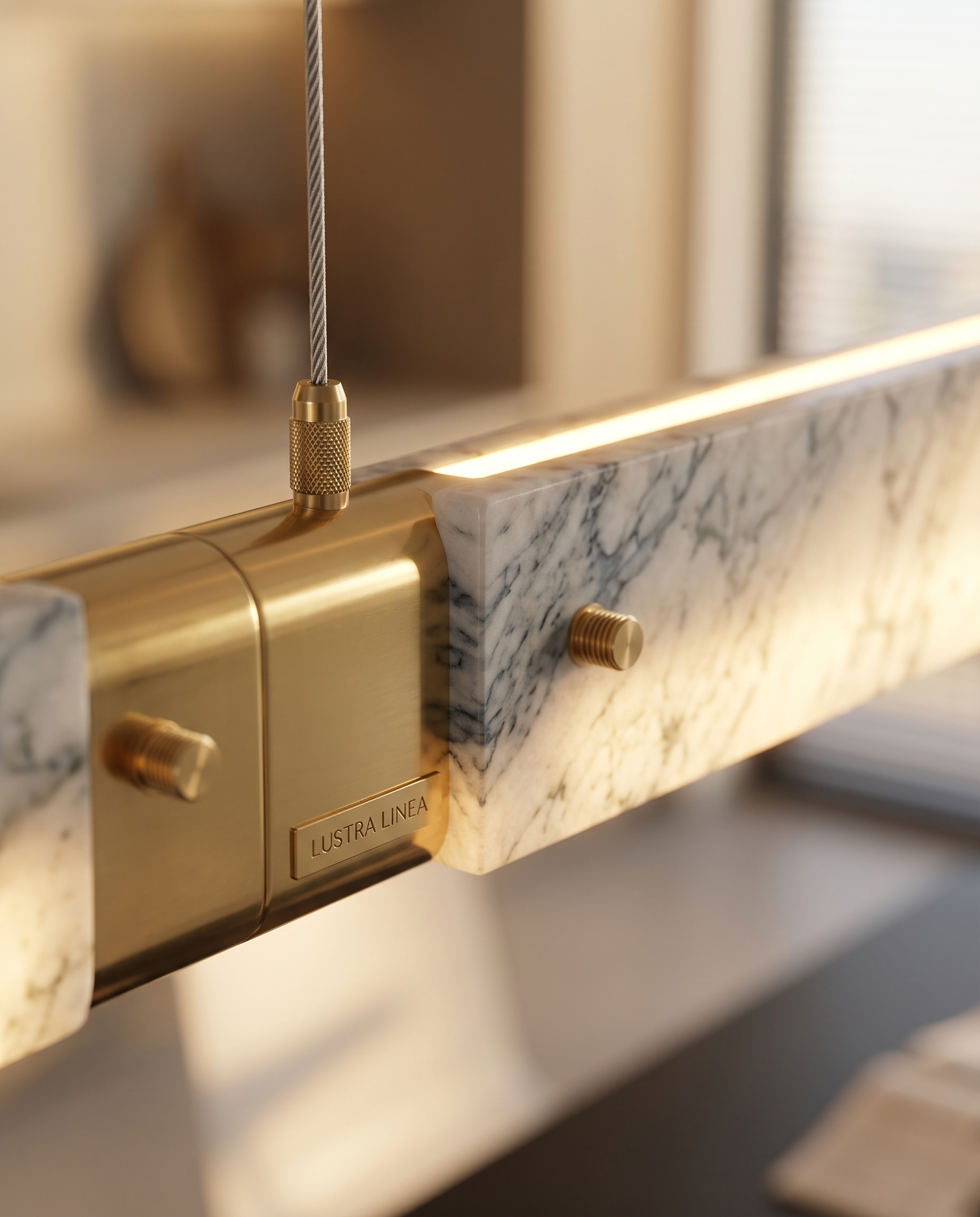 Marble Linear Pendant Light, Gold Wedge LED — macro detail, natural marble grain and brass accents, warm side light