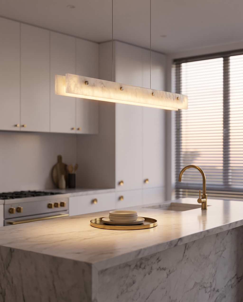 Marble Linear Pendant Light, Gold Wedge LED — over a marble kitchen island, modern luxury interior, warm evening glow