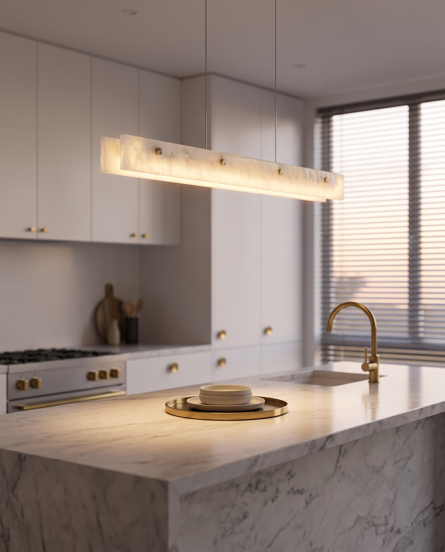 Marble Linear Pendant Light, Gold Wedge LED — over a marble kitchen island, modern luxury interior, warm evening glow
