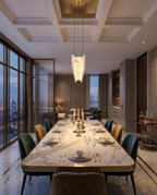 Marble Linear Pendant Light, Gold Wedge LED — wider placement and scale view, over a long dining table in a spacious Art Deco room