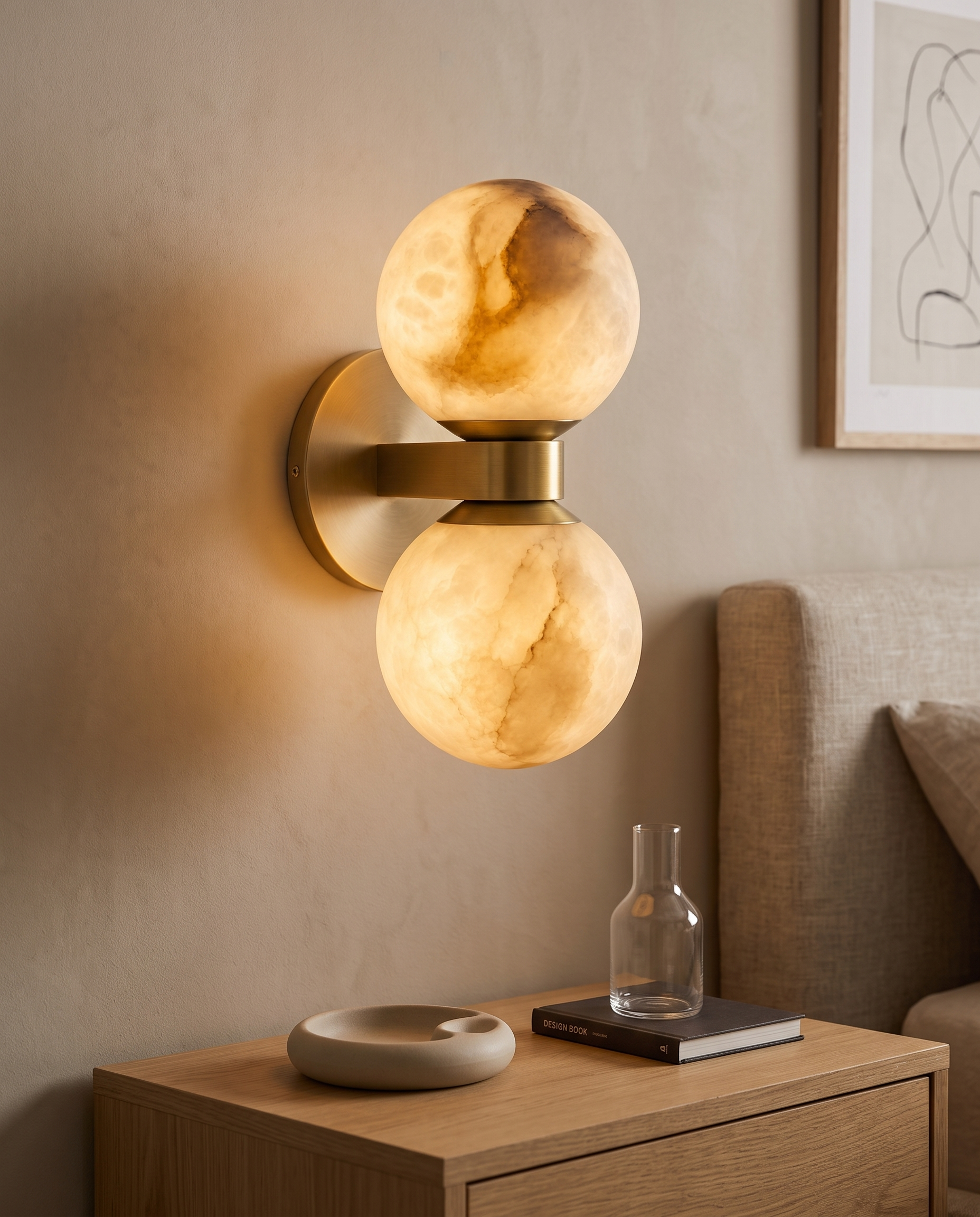Marble Dual-Globe Wall Lamp, Gold Finish — hero above a nightstand in a Nordic bedroom