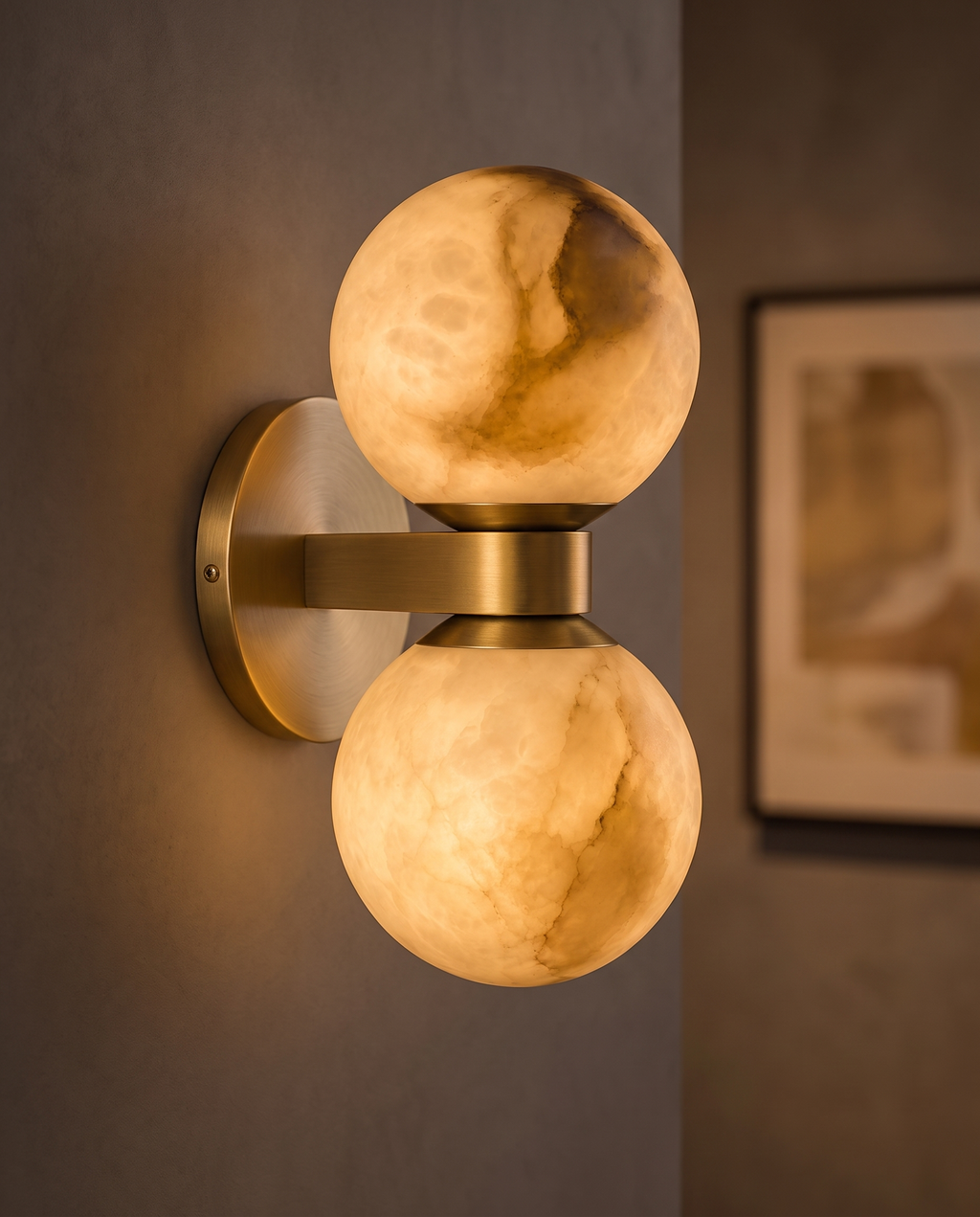 Marble Dual-Globe Wall Lamp, Gold Finish — alternate angle showing the marble and metal form