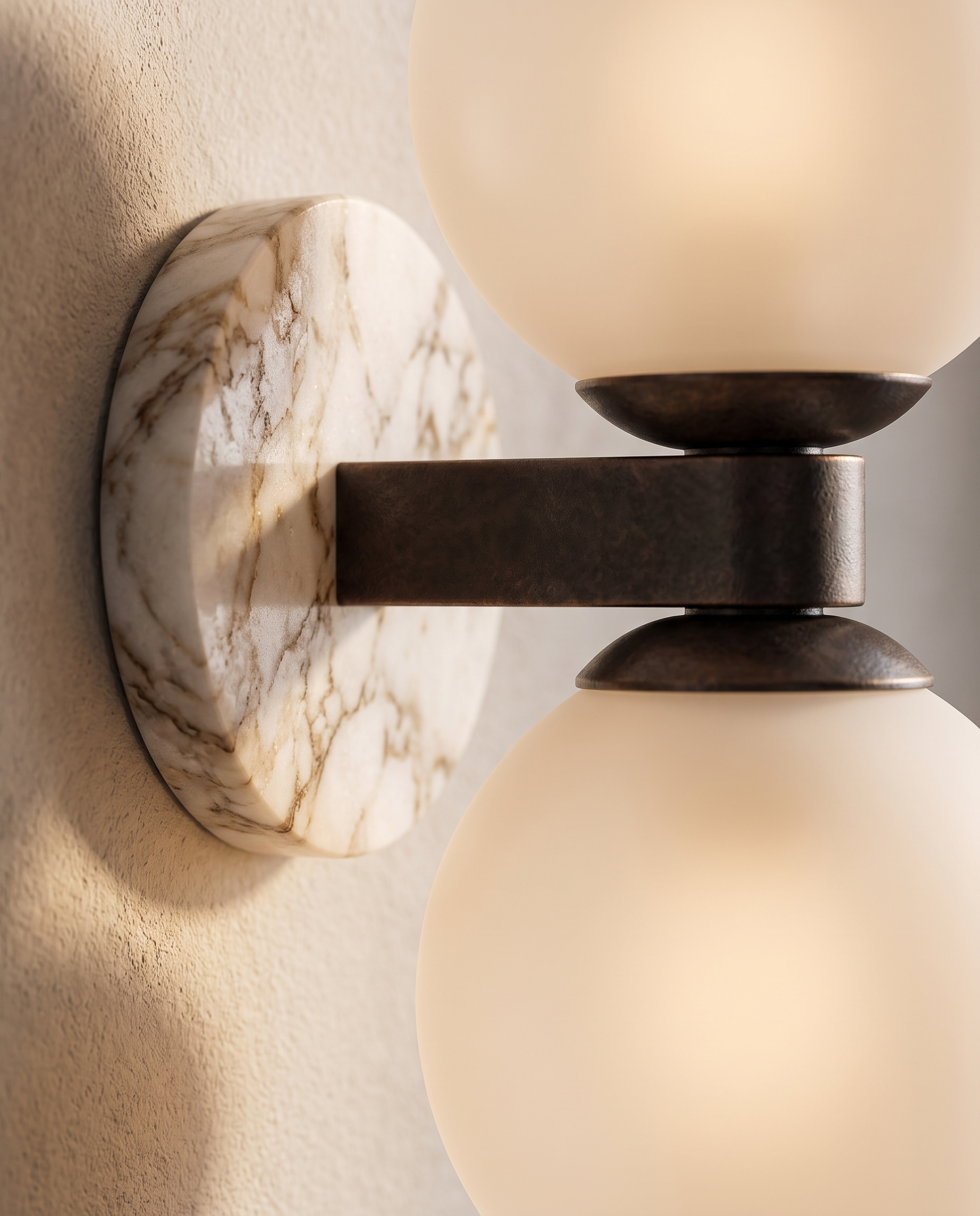 Marble Dual-Globe Wall Lamp, Gold Finish — macro detail of marble veining and globe