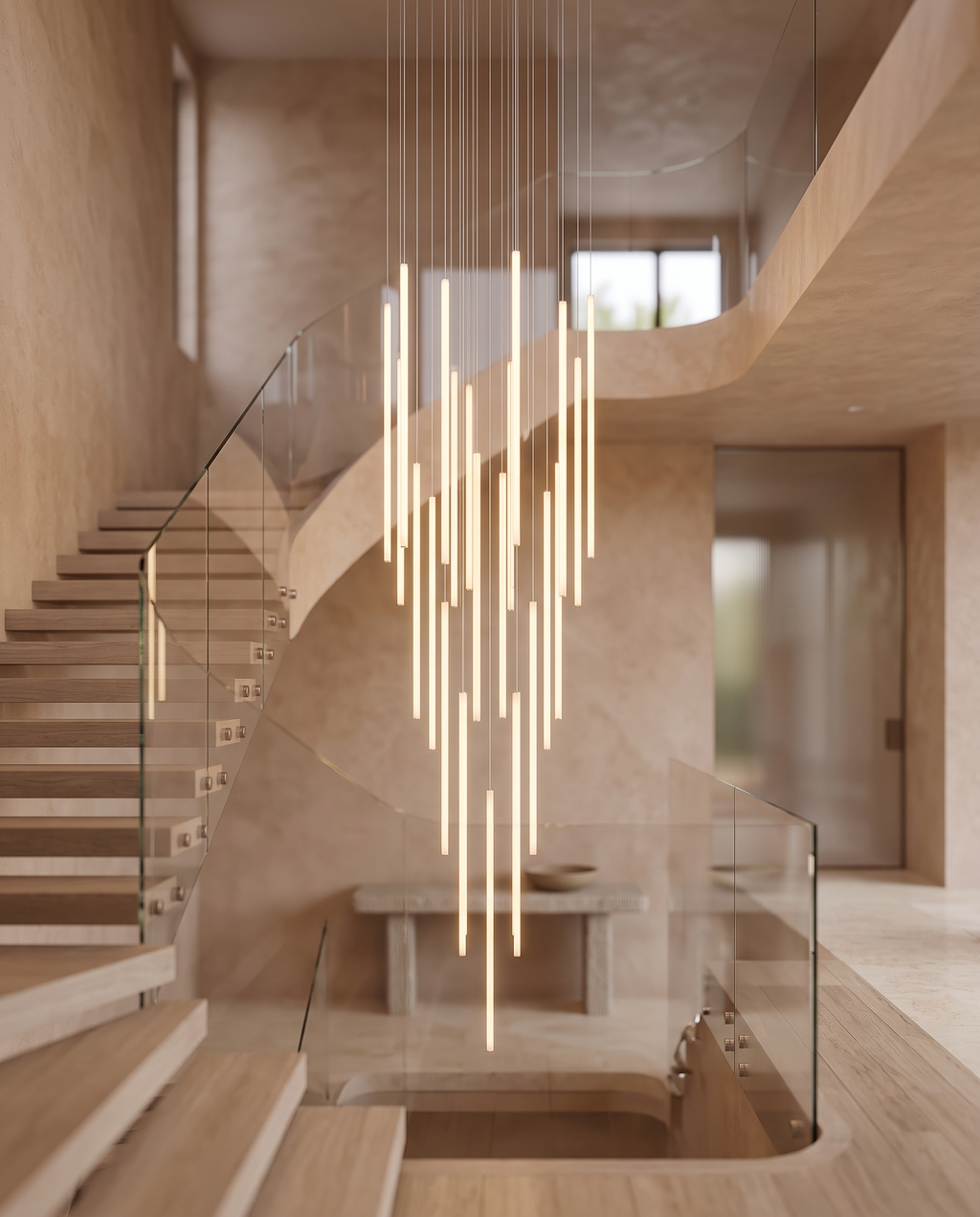 Modern Staircase LED Chandelier, Acrylic Spheres — hero, modern luxury stairwell, cascading warm LED glow