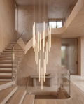 Modern Staircase LED Chandelier, Acrylic Spheres — hero, modern luxury stairwell, cascading warm LED glow