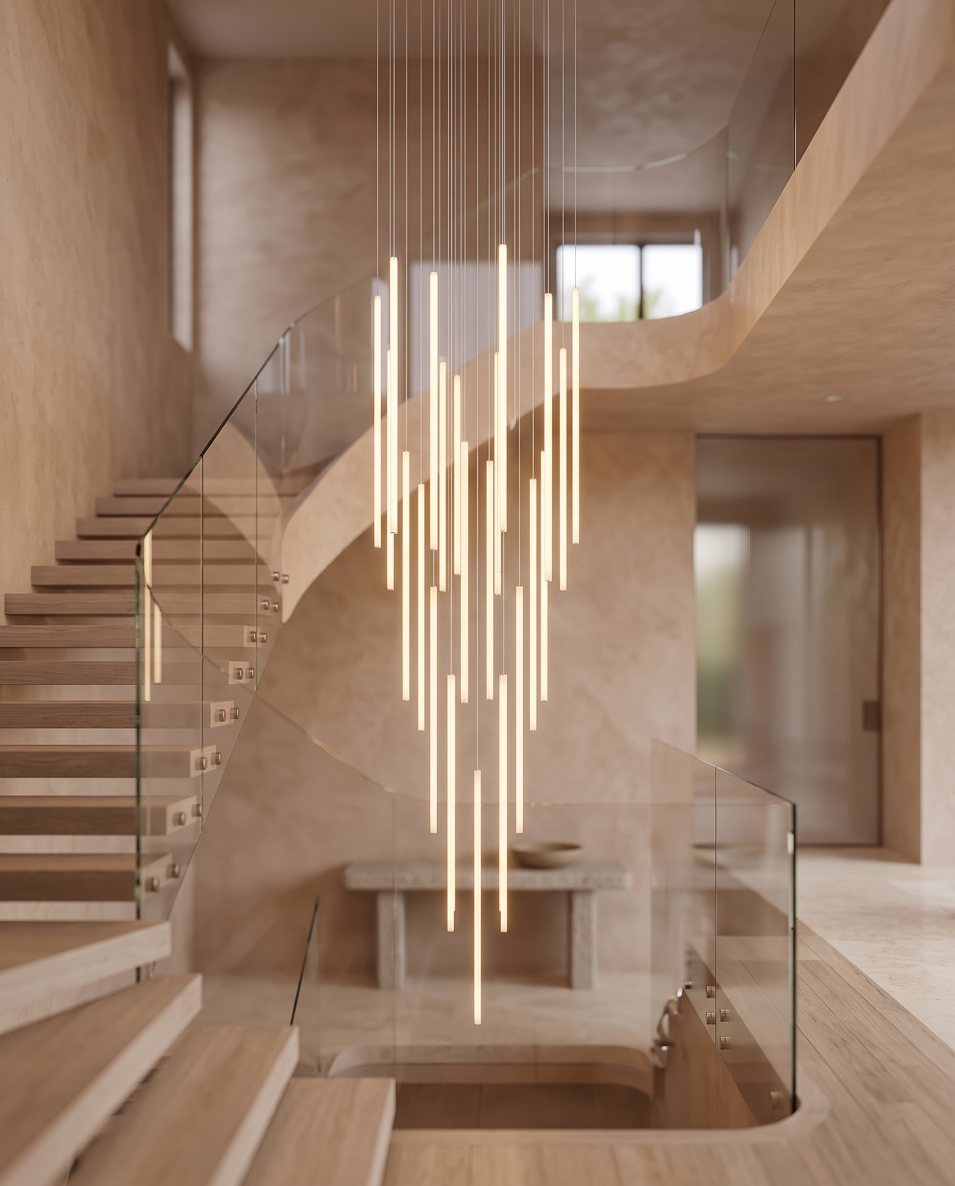 Modern Staircase LED Chandelier, Acrylic Spheres — hero, modern luxury stairwell, cascading warm LED glow