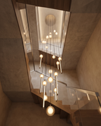 Modern Staircase LED Chandelier, Acrylic Spheres — alt angle, looking up the staircase, slender LED elements