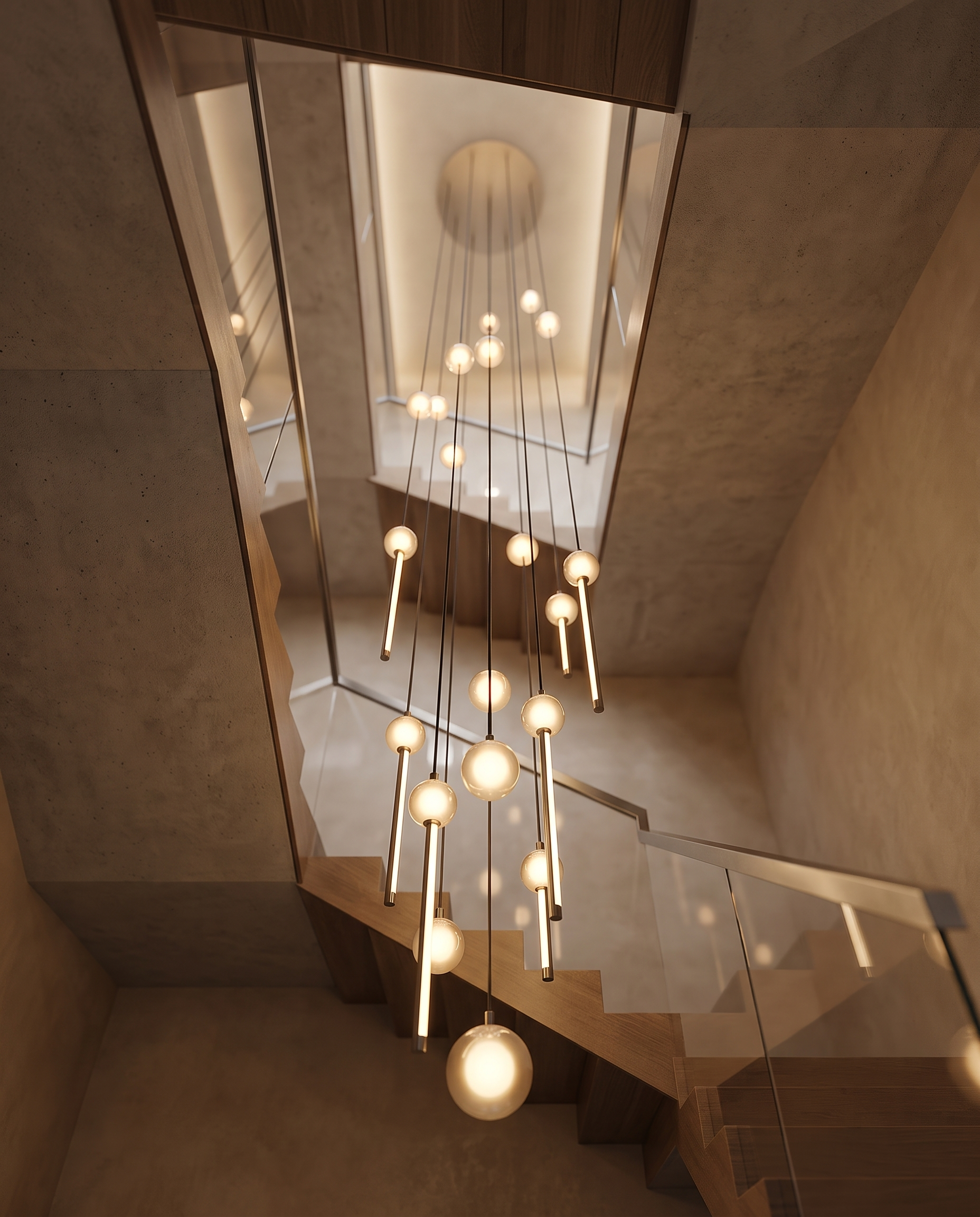 Modern Staircase LED Chandelier, Acrylic Spheres — alt angle, looking up the staircase, slender LED elements