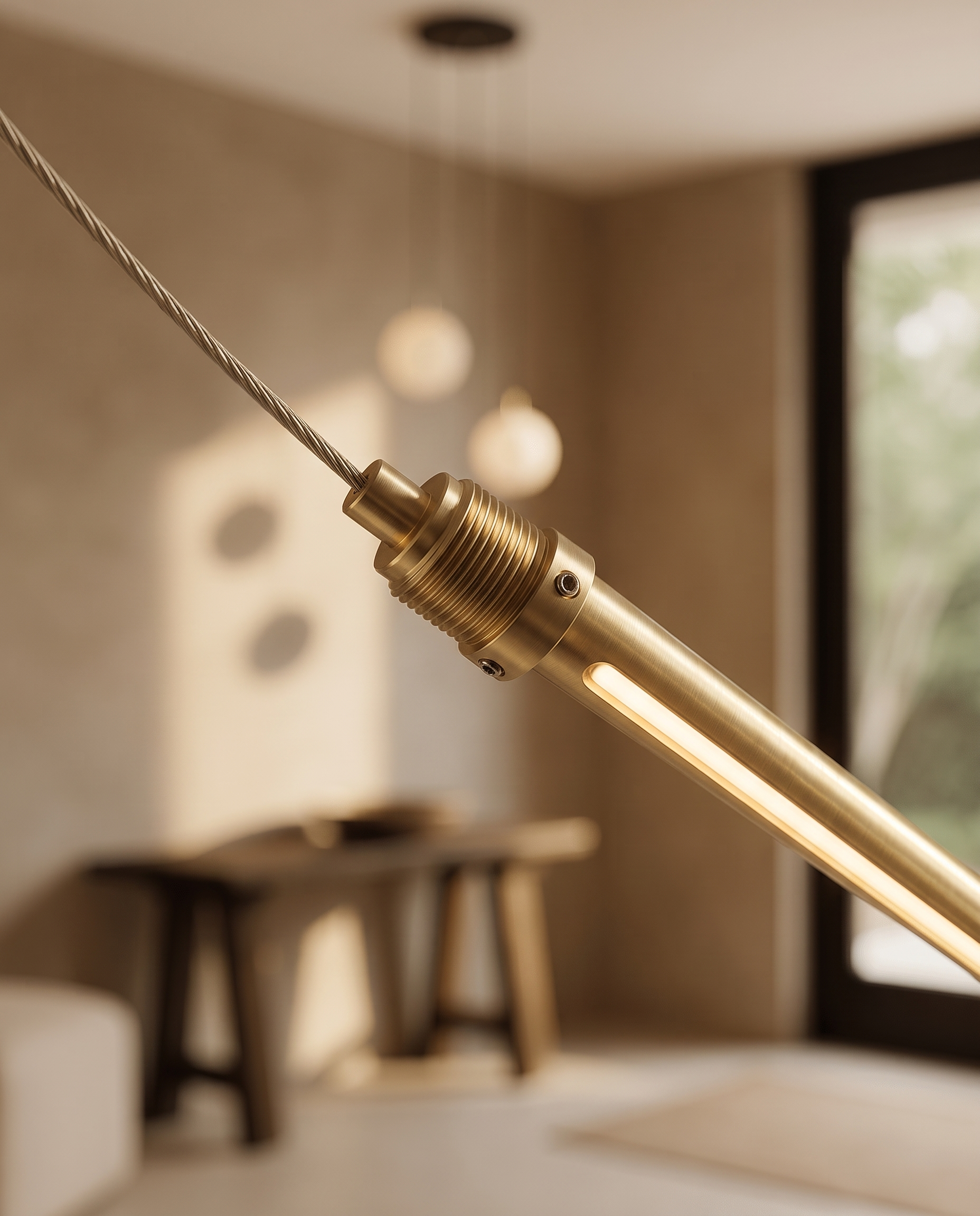 Modern Staircase LED Chandelier, Acrylic Spheres — detail macro, LED element and fitting, warm side light