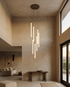 Modern Staircase LED Chandelier, Acrylic Spheres — second environment, double-height living entry, warm glow