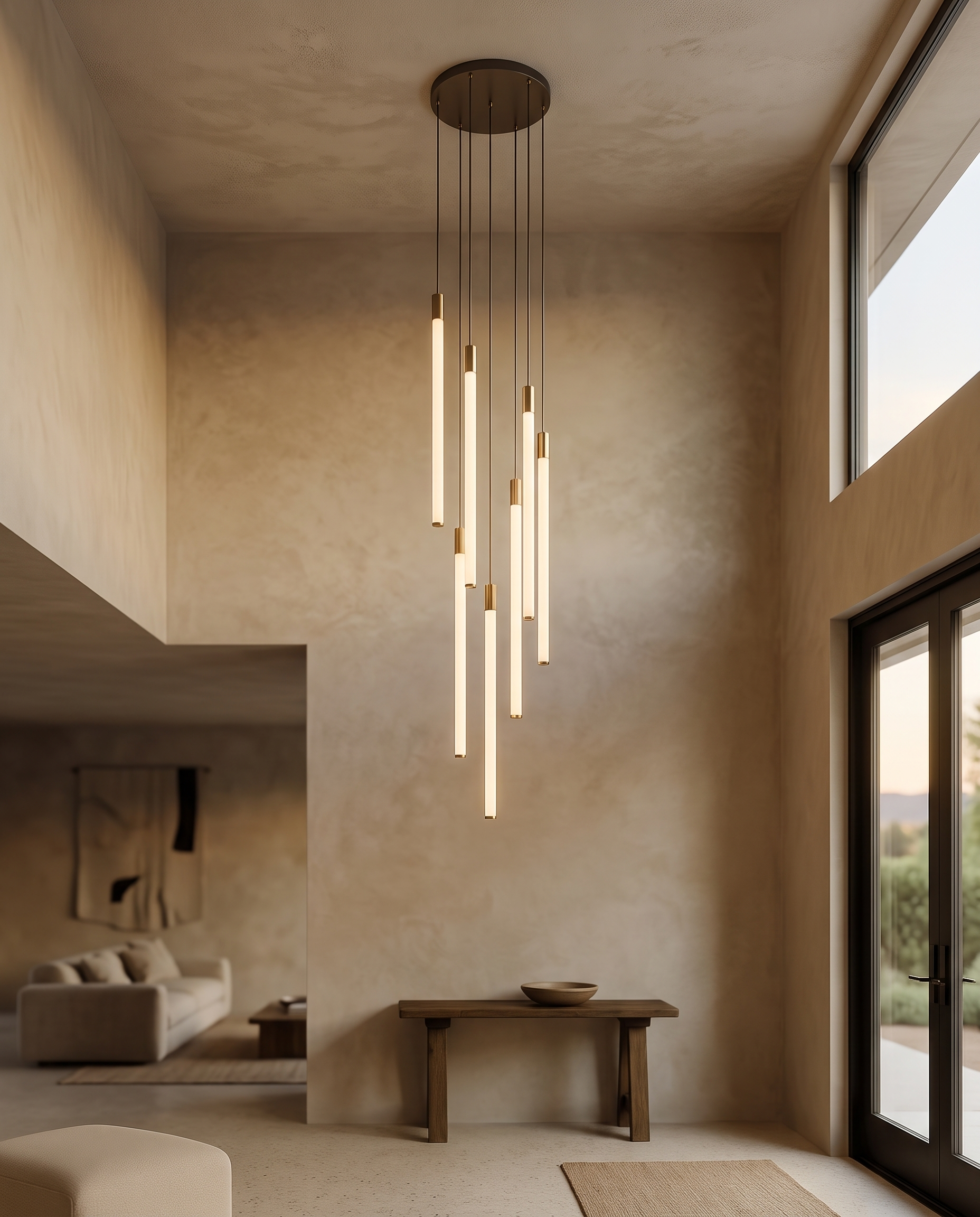 Modern Staircase LED Chandelier, Acrylic Spheres — second environment, double-height living entry, warm glow