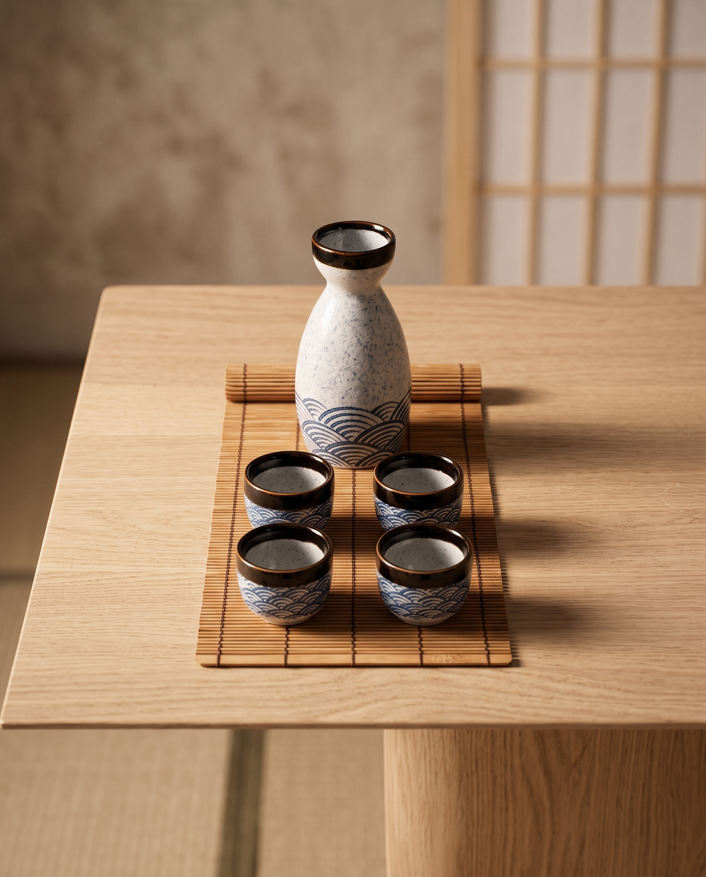 Handcrafted Ceramic Sake Set, Carafe and Cups — top-down overhead view, pale oak surface, minimalist zen