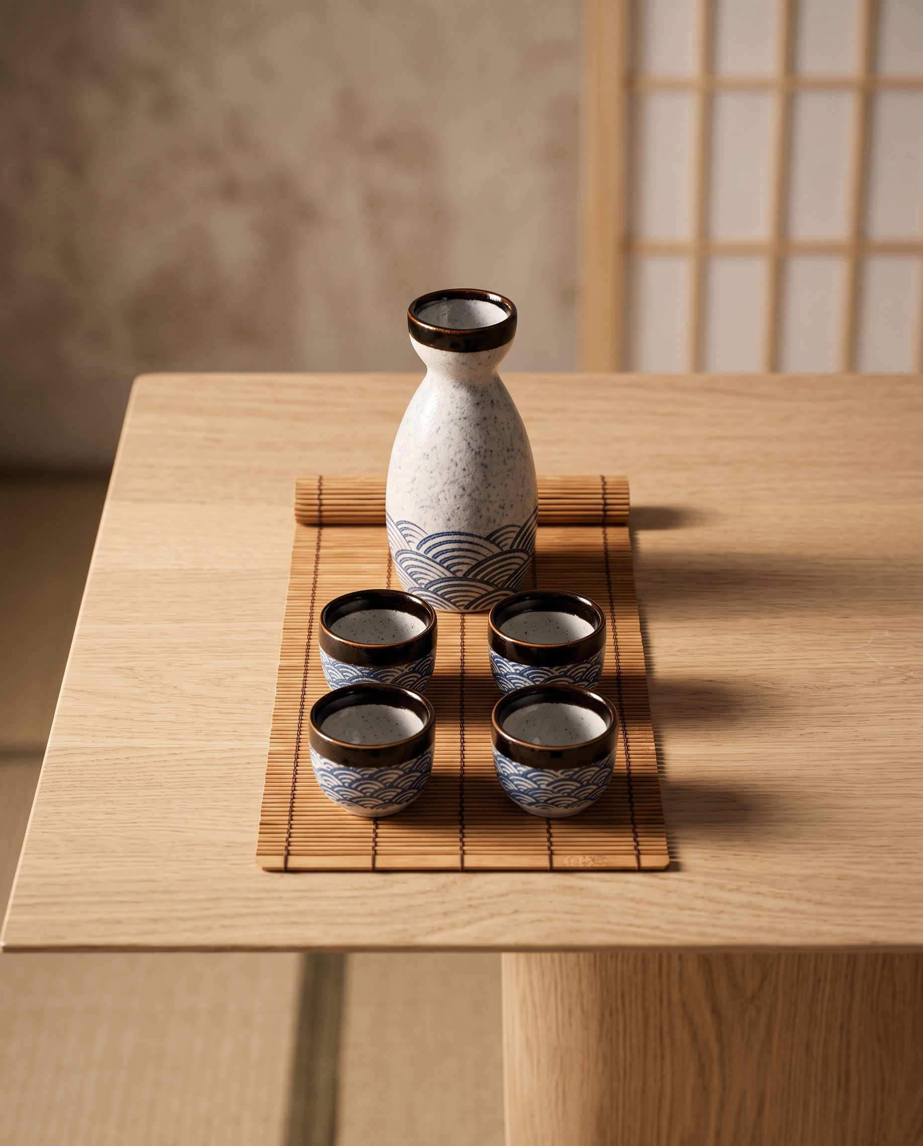 Handcrafted Ceramic Sake Set, Carafe and Cups — top-down overhead view, pale oak surface, minimalist zen