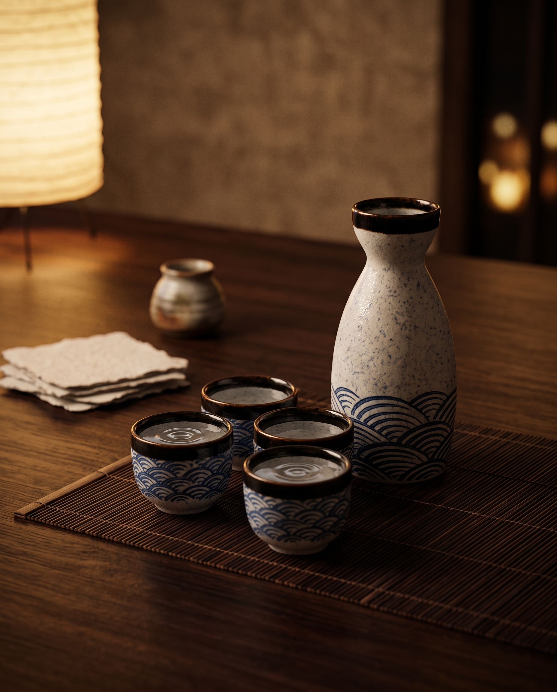 Handcrafted Ceramic Sake Set, Carafe and Cups — evening pour mood, zen dining interior, soft glow
