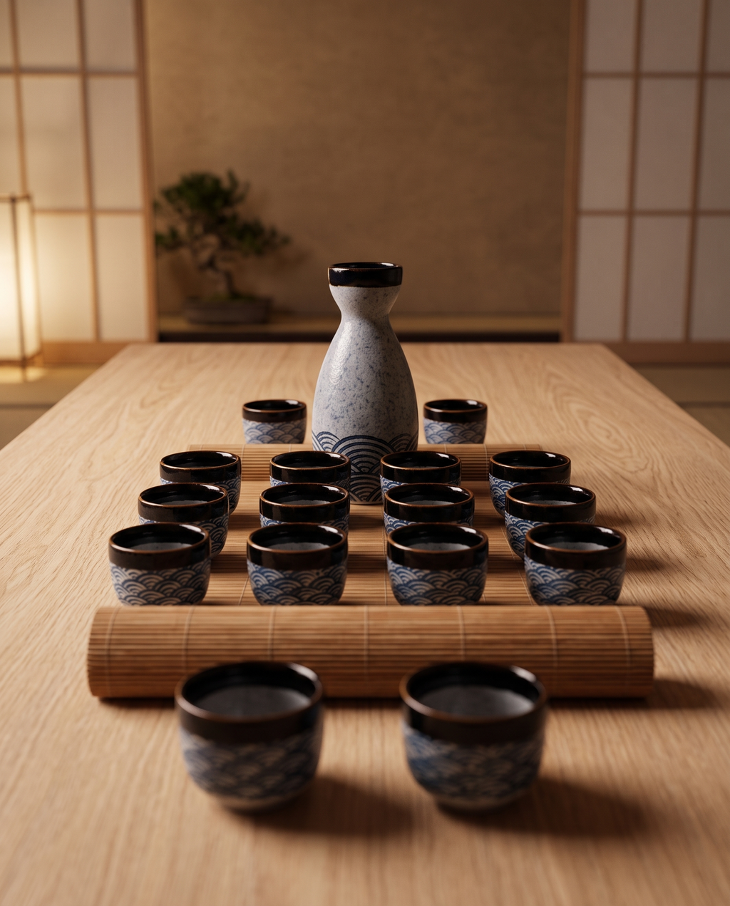 Handcrafted Ceramic Sake Set, Carafe and Cups — full set layout, carafe and cups on pale oak