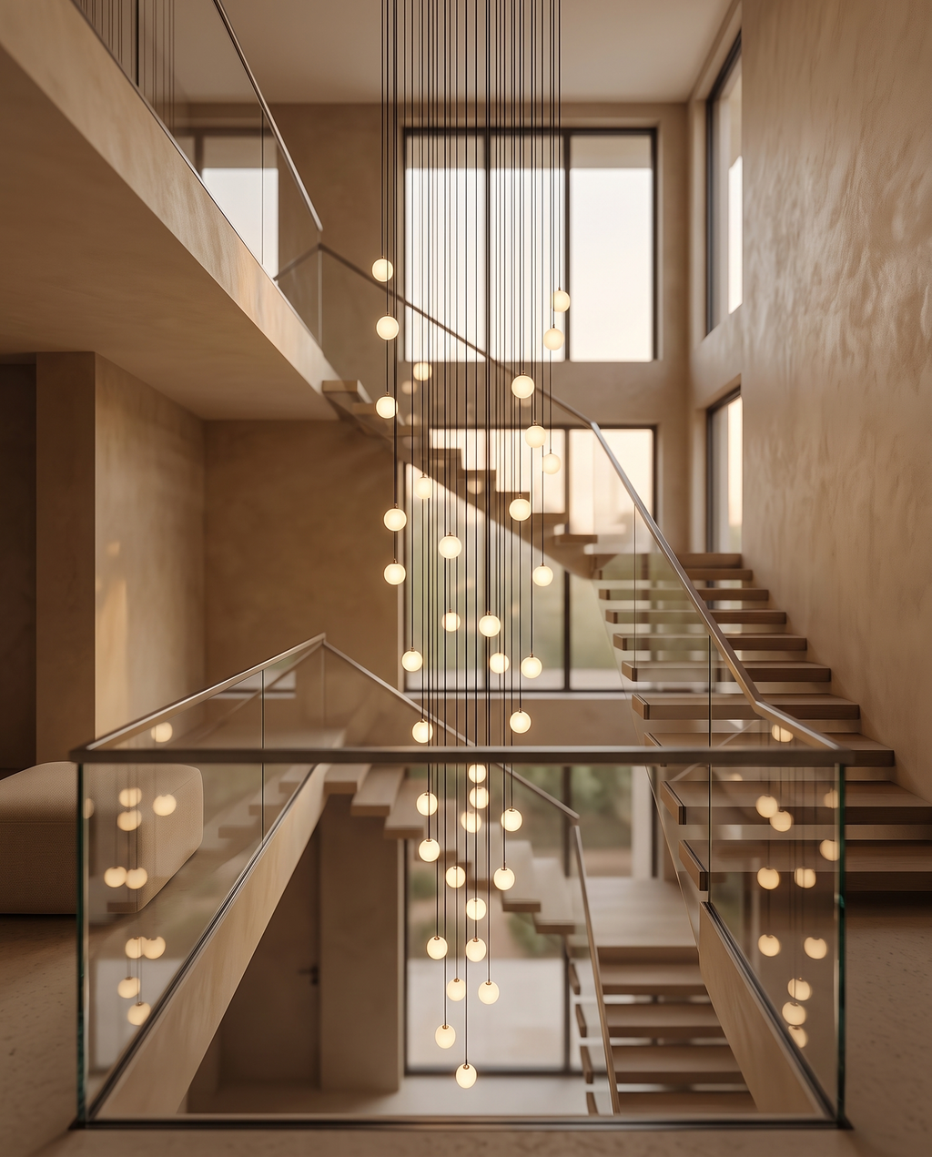 Modern Staircase LED Chandelier, Acrylic Spheres — placement and scale, full vertical drop across multiple floors